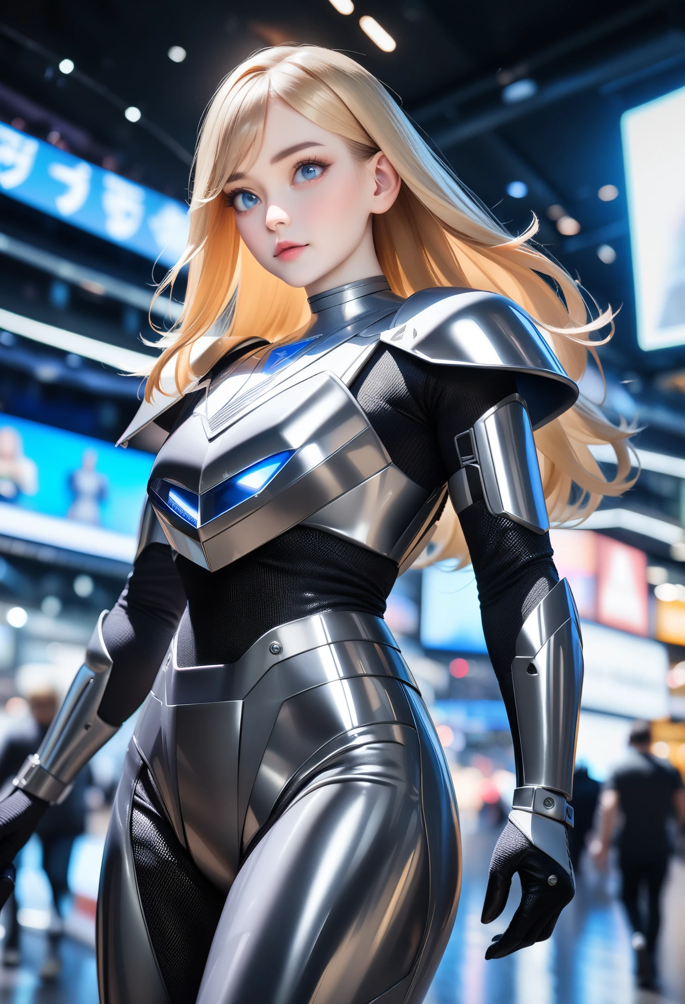 Waist up super heroine hot ocidental teen (masterpiece), best quality, expressive eyes, perfect face, art in fantasy anime mythic action effect, sharp focus, wearing super detailed suit with mechanicles part