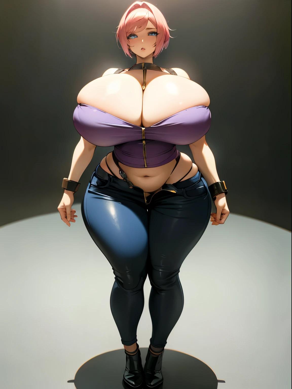 (1girl, solo:1) (masterpiece, best quality:1), ultra-detailed, pink short hair, blue eyes, solo, wide hips, thick thighs, (thin waist:1.4), (huge breasts:1.8), (thicc:1.4), (venus body-type:1.4), cleavage, straps, front view, standing, (clothed:0.8)