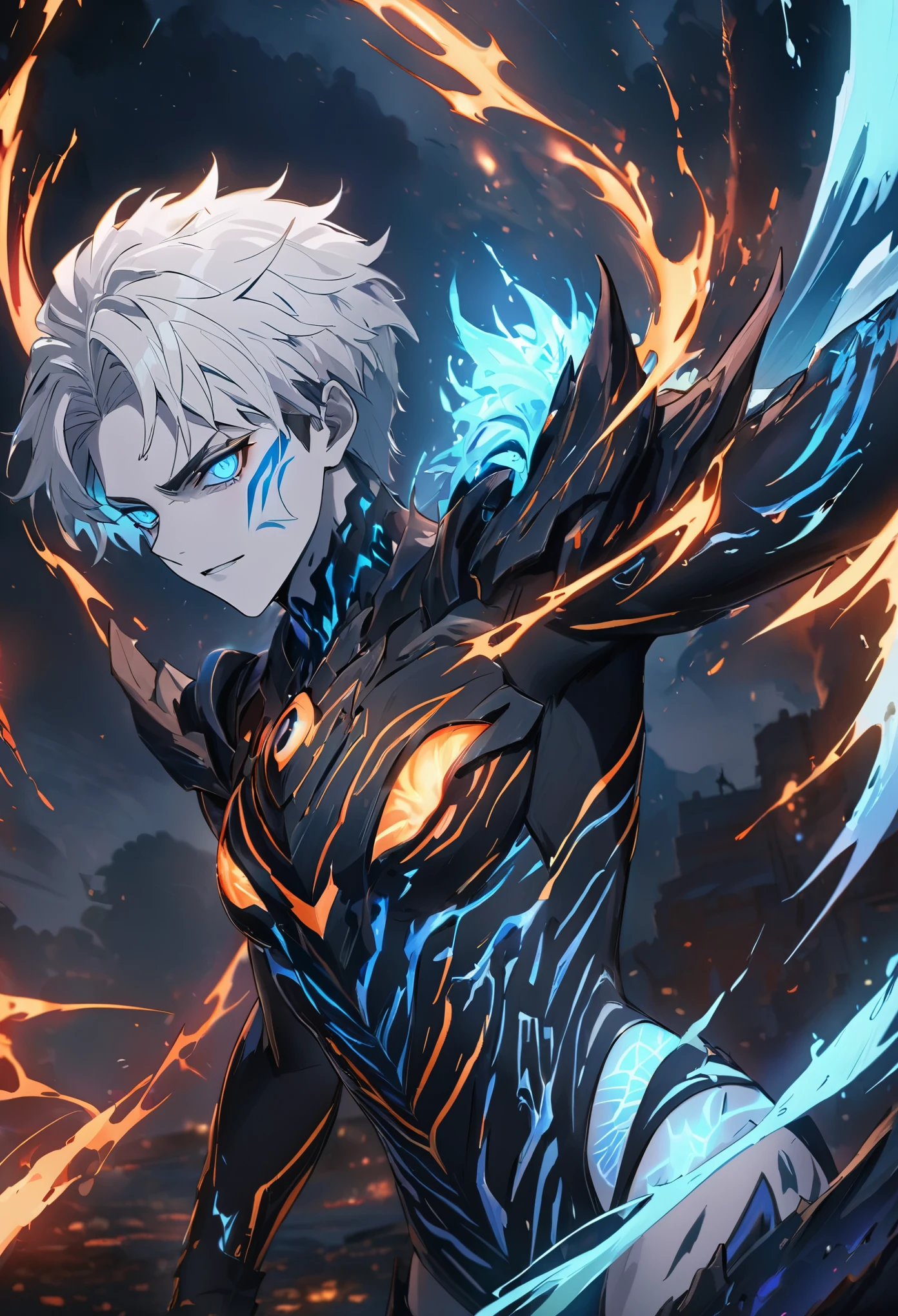 (extreamly delicate and beautiful:1.2), 8K, (tmasterpiece, best:1.2), (MALE:1.5) masterpiece, best quality, (detailed:1.3) halfnaked body with pale skin and (long_white_hair:1.4). All of his pale skin there are (blue_glowing_tattoes:1.5), on face, on body. (MAGICAL_BIOLUMINESCENT_TATTOOES:1.5) Naked upper body, paleblue colour dominating, cloudy night, sharp focus, highly detailed, Magical Fantasy style,GlowingRunesAI_blue,,bioluminescent fbpz body paint,Eren_jaeger_face,4rmorbre4k,GlowingRunesAI_blue