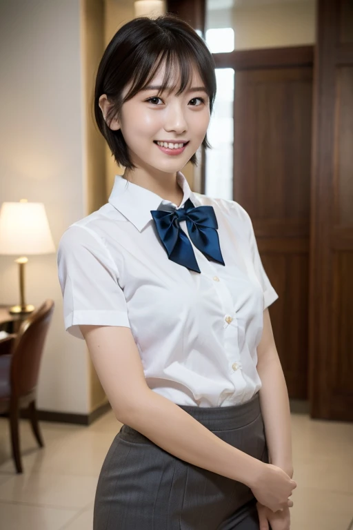 (hotel uniform, white bow tie, one girl, short hair, parted bangs:1.2)、(teeth:1.2), (smile:0.8)、break  break  a photorealistic site、Raw photo、table top、highest quality、High resolution、delicate and beautiful、real human skin、pores、(japanese girl),  walking, half body, thigh focus, from below,  (hotel lobby, night), looking at you, (thin thigh:1.2)