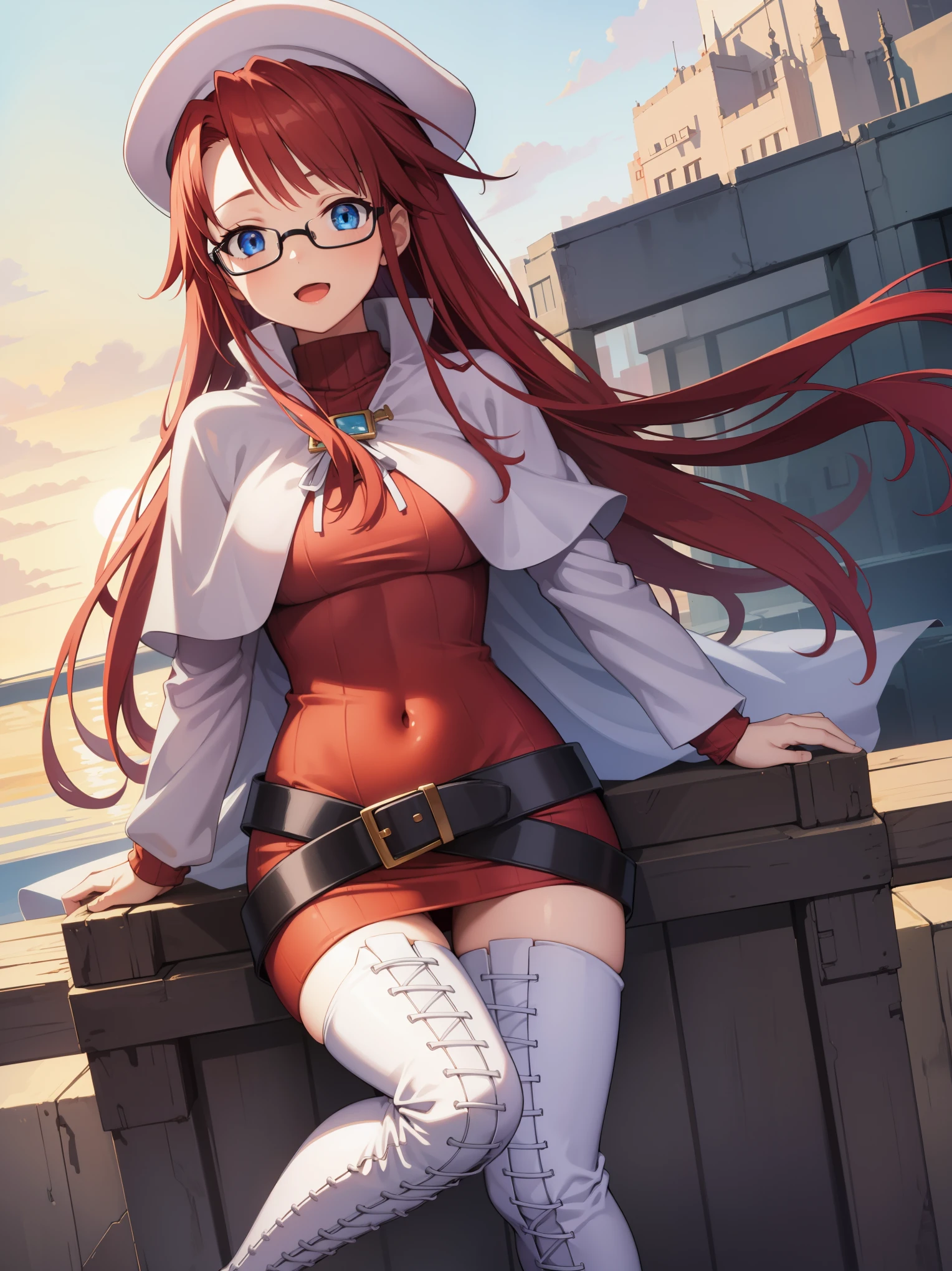 summonnightaty, aty, long hair, blue eyes, red hair, beret, hat, glasses,
BREAK long hair, thighhighs, hat, dress, boots, glasses, belt, cape, sweater, zettai ryouiki, beret, thigh boots, white footwear, ribbed sweater, loose belt,solo,
BREAK outdoors, fantasy_town,
BREAK (masterpiece:1.2), best quality, high resolution, unity 8k wallpaper, (illustration:0.8), (beautiful detailed eyes:1.6), extremely detailed face, perfect lighting, extremely detailed CG, (perfect hands, perfect anatomy),covered_nipples,covered_navel,light_smile ,walking,(half_eyes:1.2),light_open_mouth,sword,armpit,sleepy,sitting_on_the_barrel,barrel,red_sweater,