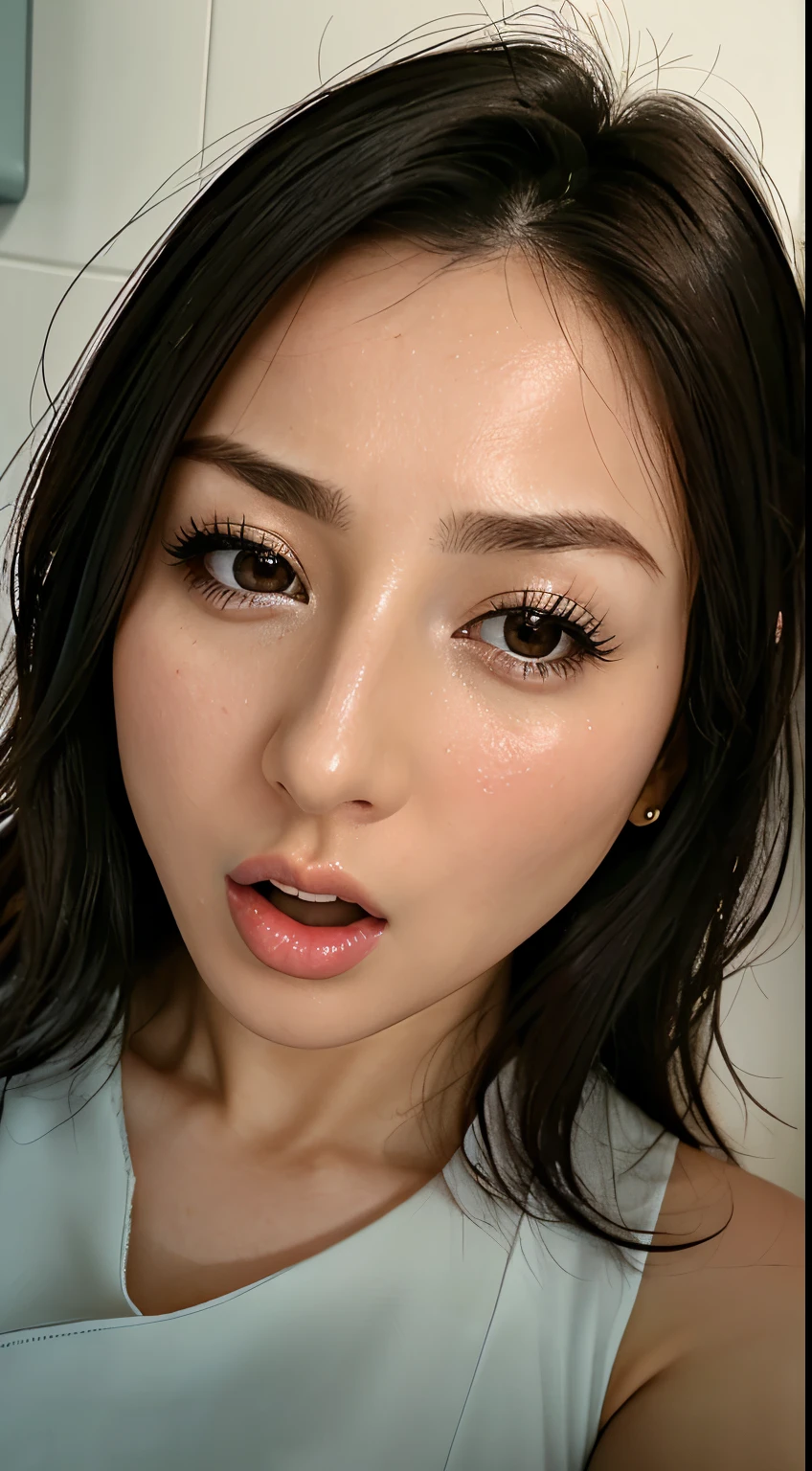 beautiful japanese actress、1 girl,debris flies,,Award-winning photo, very detailed,face focus, double big eyes(woman with open mouth and closed eyes ), 30 years old、black hair、shiny skin、(((close up of face)))、realistic nostrils、elongated nasal cavity,、inside the toilet、(On the floor of a public toilet)、squat、((white turtleneck sleeveless dress))、big breasts、(sharp nose)frown 表現:1.4,,facial expression,frown,please raise your head、Skin shiny with sweat,oily facial skin,bite your mouth,tied hair,wearing a tank top,Bring your nose closer to the camera,((open your mouth wide and try to receive something))looking at the viewer, ((wet filter)),((close your face)),(((Close-up of the nose)))