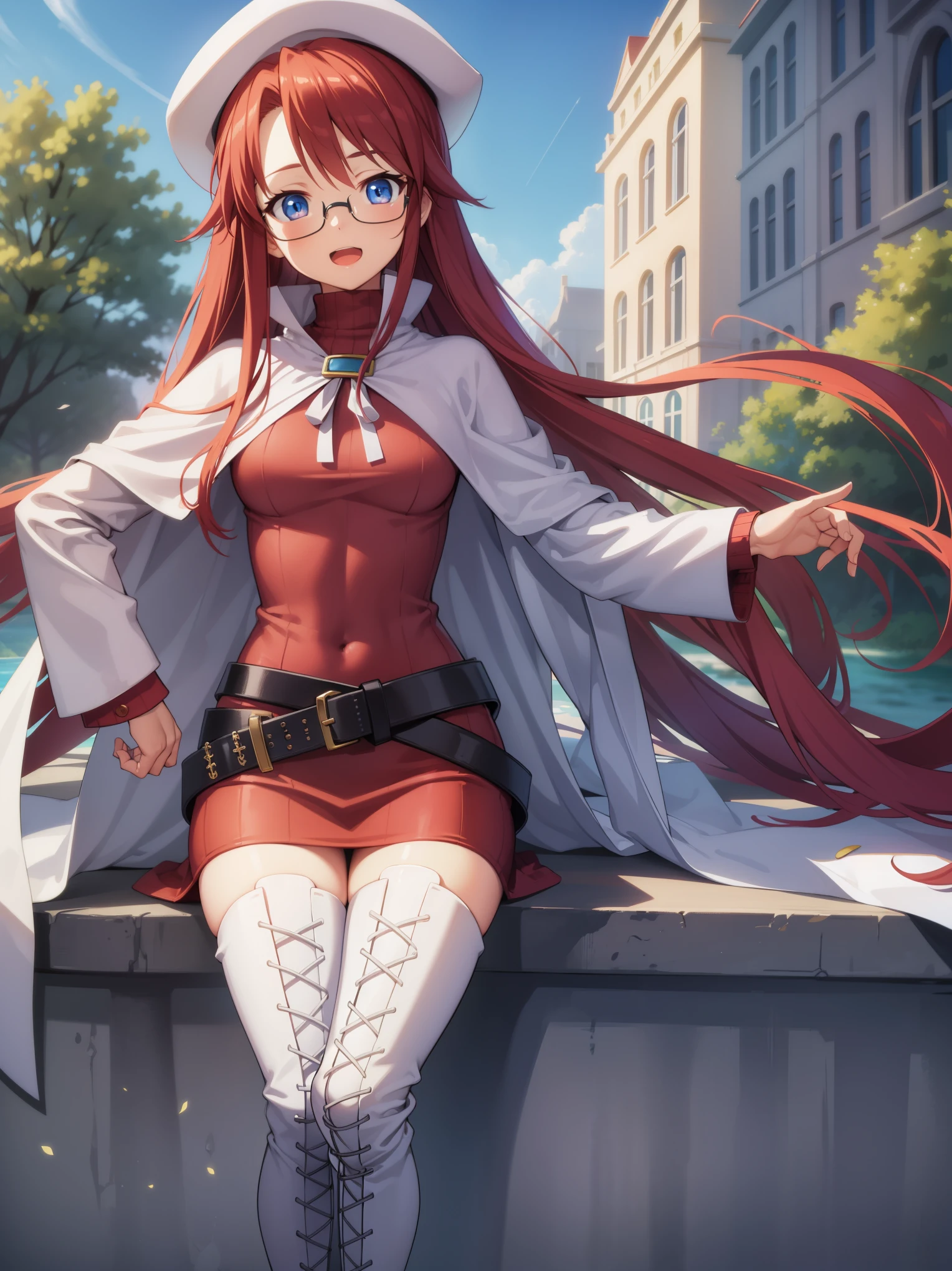 summonnightaty, aty, long hair, blue eyes, red hair, beret, hat, glasses,
BREAK long hair, thighhighs, hat, dress, boots, glasses, belt, cape, sweater, zettai ryouiki, beret, thigh boots, white footwear, ribbed sweater, loose belt,solo,
BREAK outdoors, fantasy_town,
BREAK (masterpiece:1.2), best quality, high resolution, unity 8k wallpaper, (illustration:0.8), (beautiful detailed eyes:1.6), extremely detailed face, perfect lighting, extremely detailed CG, (perfect hands, perfect anatomy),covered_nipples,covered_navel,light_smile ,walking,(half_eyes:1.2),light_open_mouth,sword,armpit,sleepy,sitting_on_the_barrel,barrel,red_sweater,