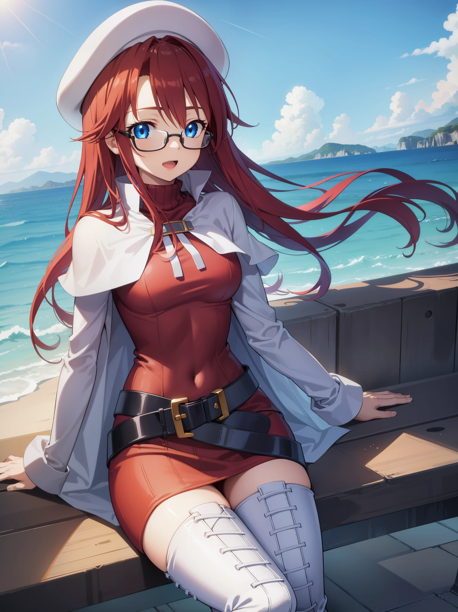 summonnightaty, aty, long hair, blue eyes, red hair, beret, hat, glasses,
BREAK long hair, thighhighs, hat, dress, boots, glasses, belt, cape, sweater, zettai ryouiki, beret, thigh boots, white footwear, ribbed sweater, loose belt,solo,
BREAK outdoors, fantasy_town,
BREAK (masterpiece:1.2), best quality, high resolution, unity 8k wallpaper, (illustration:0.8), (beautiful detailed eyes:1.6), extremely detailed face, perfect lighting, extremely detailed CG, (perfect hands, perfect anatomy),covered_nipples,covered_navel,light_smile ,walking,(half_eyes:1.2),light_open_mouth,sword,armpit,sleepy,sitting_on_the_barrel,barrel,red_sweater,