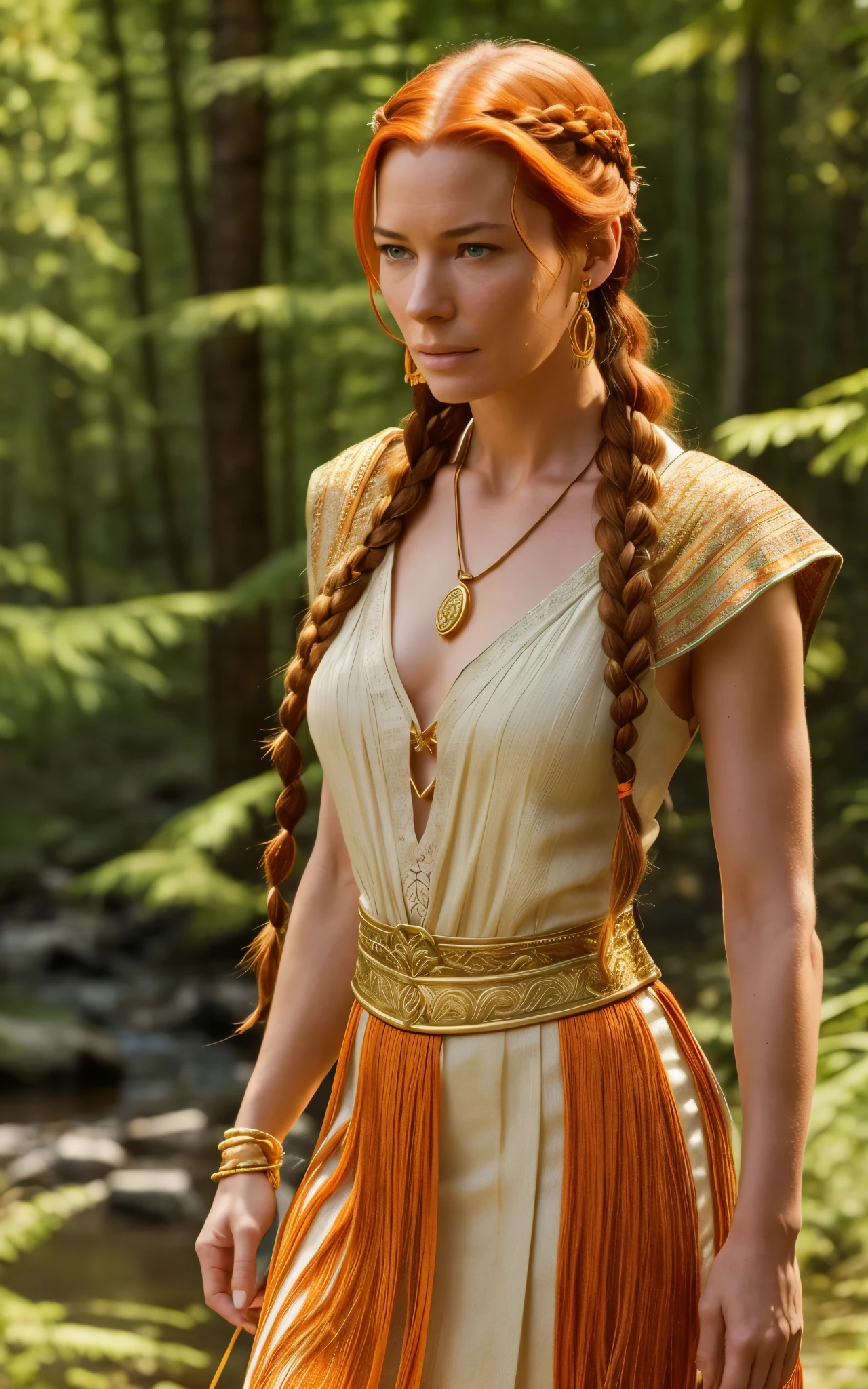 Flamme, (young Lena Headey:Evangeline Lilly), A 35-year-old woman with orange hair, green eyes, sideburns, one large braid, a gold necklace with a ruby pendant, dressed in a white Greek tunic and Roman sandals, with gold bracelets on her arms, forest in the background, masterpiece, hyperdetailed,((1girl)) ,bangs,braided ponytail,single braid,orange hair,very long hair,sidelocks,red earrings,hair over one eye,