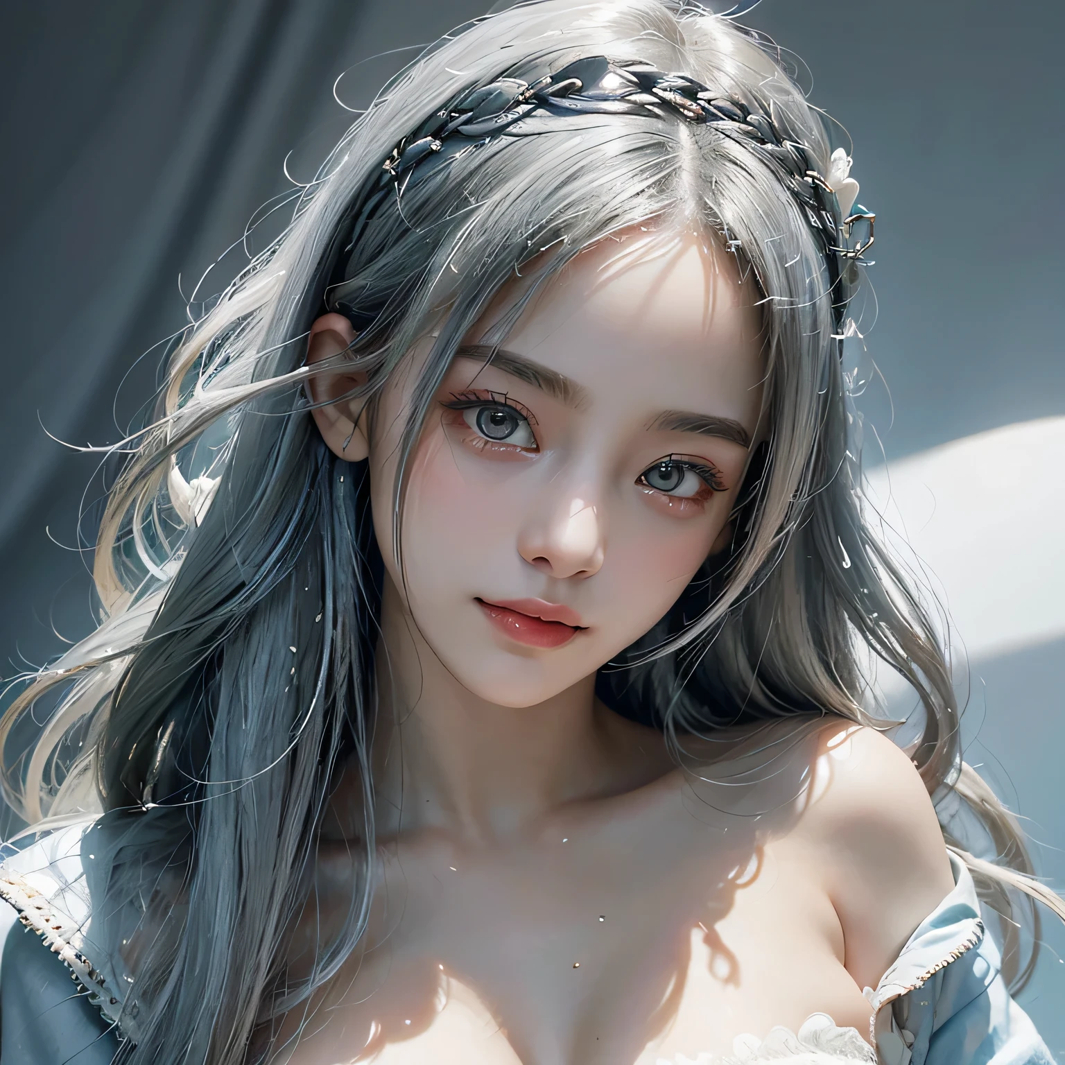 photorealistic, masterpiece, photorealistic, high resolution, soft light, waist up, blue eyes, white hair, long hair, nude