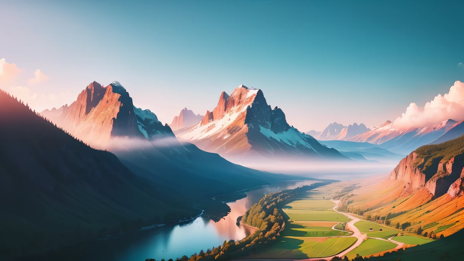 mountain valley a beautiful farmland river
, 8k, haze, ultra-detailed, film photography, light leaks, trending on artstation, sharp focus