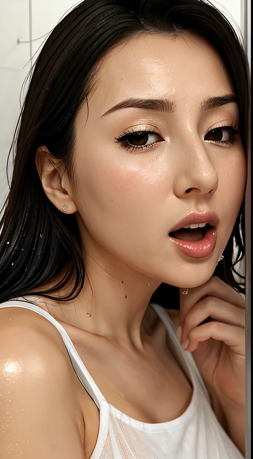 beautiful japanese actress、1 girl,debris flies,,Award-winning photo, very detailed,face focus, double big eyes(woman with open mouth and closed eyes ), 30 years old、black hair、shiny skin、(((close up of face)))、realistic nostrils、elongated nasal cavity,、inside the toilet、(On the floor of a public toilet)、squat、((white turtleneck sleeveless dress))、big breasts、(sharp nose)frown 表現:1.4,,facial expression,frown,please raise your head、Skin shiny with sweat,oily facial skin,bite your mouth,tied hair,wearing a tank top,Bring your nose closer to the camera,((open your mouth wide and try to receive something))looking at the viewer, (((wet filter))),((close your face)),(((Close-up of the nose)))