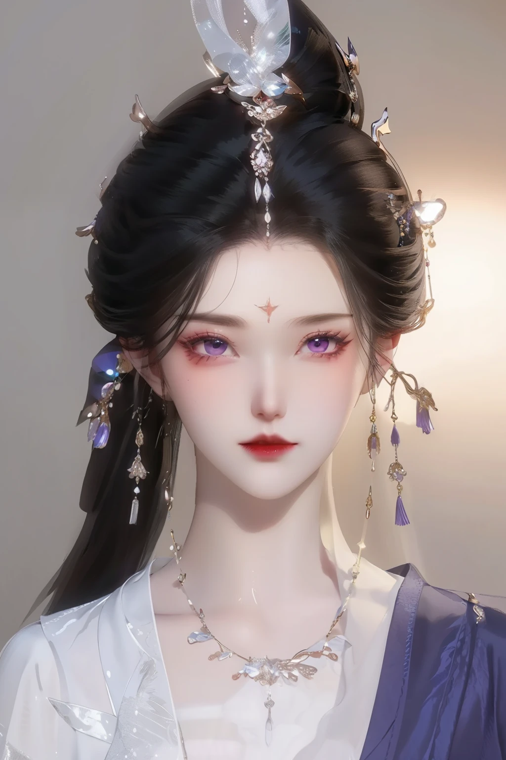 （best quality，masterpiece：1.2），ultra high resolution，realistically，front lighting，intricate details，Exquisite details and textures，（1 girl），alone，upper part of body，Purple Hanfu，好漂亮的big eyes，purple dress，Petal decoration，pretty face，Face the audience，ribbon，gossamer，（young），facial highlights，Detailed production，tear nevus，White skin，silver hair，high ponytail，looking at the audience，big eyes，（hollow pattern），ear nipple ring，fit，White background，right hand，professional lighting，photon mapping，radio city，Physically based rendering
