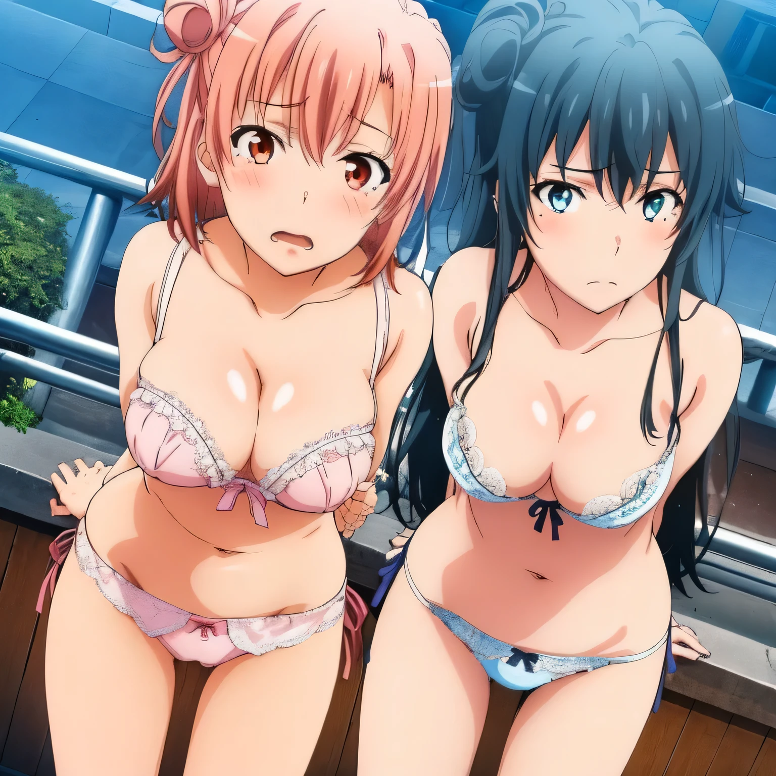 ((2 girls ), ((yuigahama yui is bust and ヒップライン are great)),((Yukinoshita Yukino)),In perverted underwear,leaning forward,in front of everyone,streaking,crowd,downtown at night,they have their hands behind their backs,(Bra with nipple bulge line),Shiny bra,belly button,,(white lace panties:1.0),(pink panties:1.0),Ribbon on panties,pussy line,(thighs),,(((high angle:1.0))),(beautiful eyes),look at the camera,blush,troubled face,Insert your head