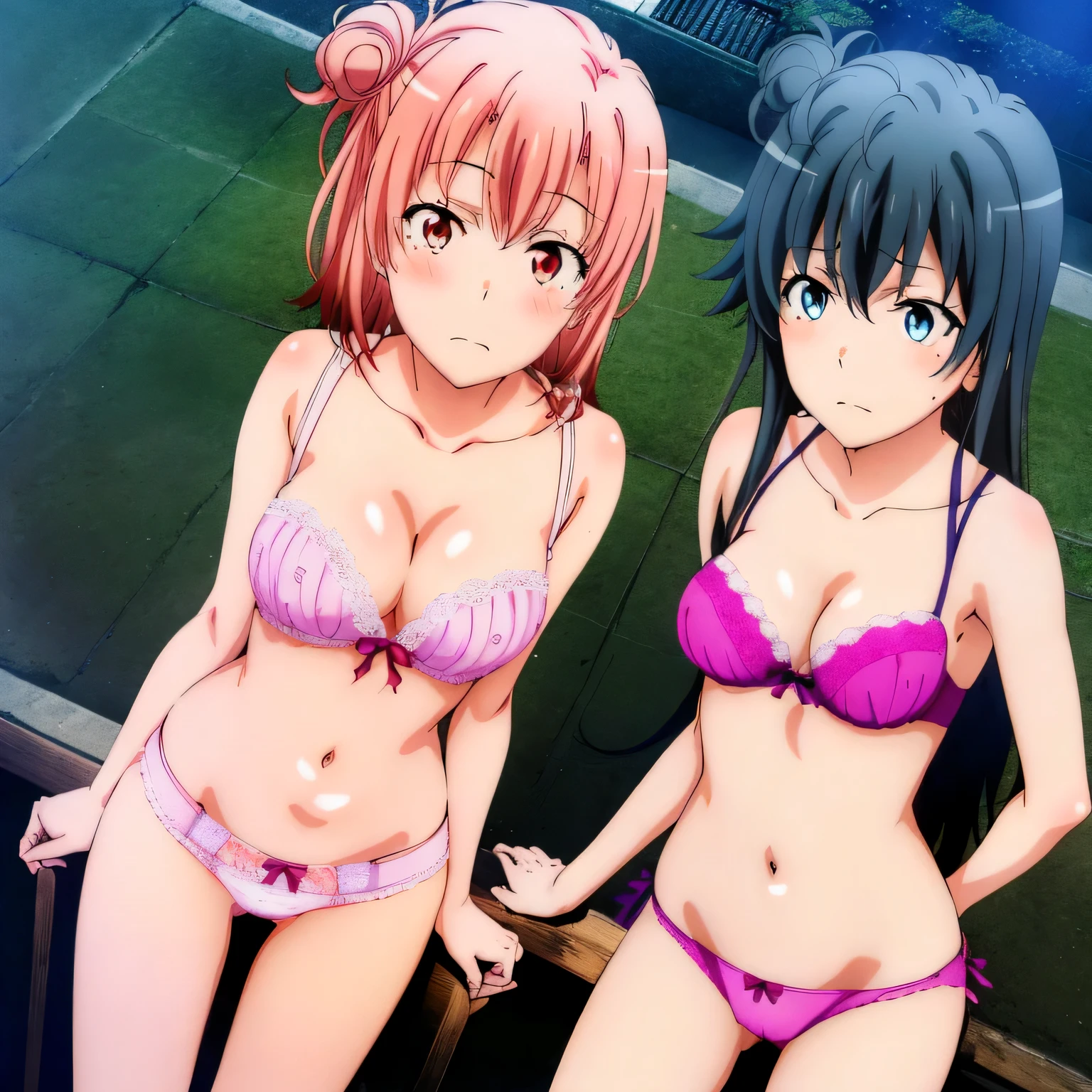 ((2 girls ), ((yuigahama yui is bust and ヒップライン are great)),((Yukinoshita Yukino)),In perverted underwear,leaning forward,in front of everyone,streaking,crowd,downtown at night,they have their hands behind their backs,(Bra with nipple bulge line),Shiny bra,belly button,,(white lace panties:1.0),(pink panties:1.0),Ribbon on panties,pussy line,(thighs),,(((high angle:1.0))),(beautiful eyes),look at the camera,blush,troubled face,Insert your head