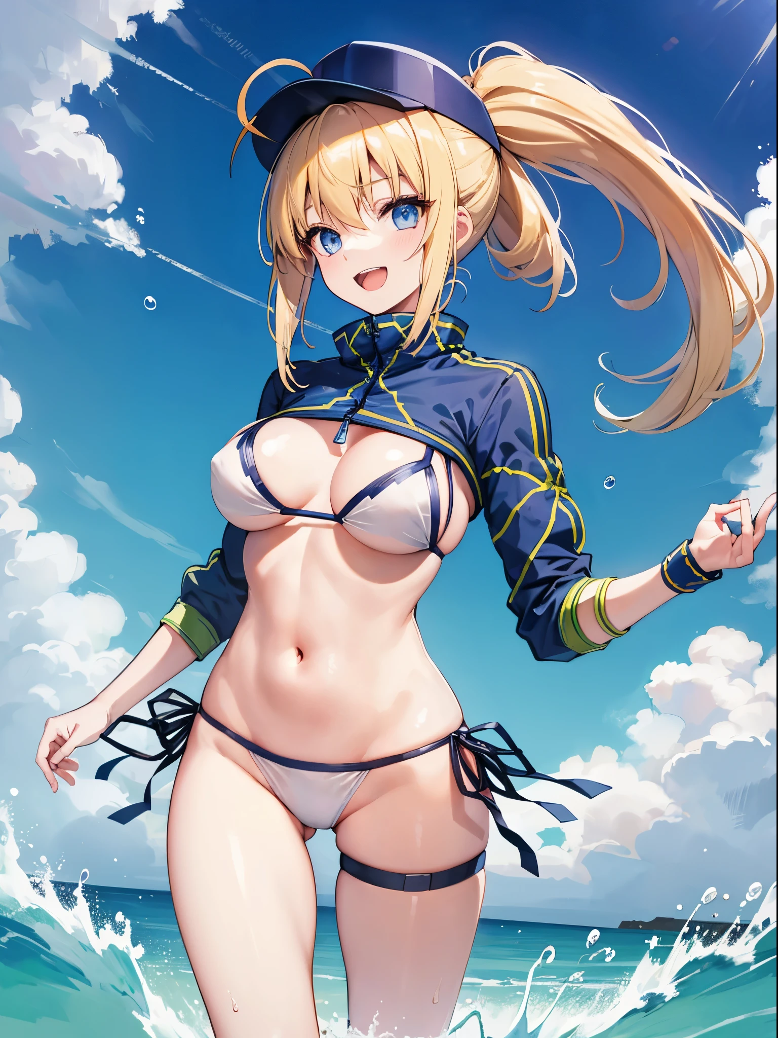 masterpiece,(ultra-detailed),1girl, mysterious heroine xx \(fate\), half_eyes,smile,open mouth, swimsuit, white bikini, side-tie bikini bottom, shrug \(clothing\), jacket,  thigh strap, wristband,  large_breasts, ocean, splashing,blonde_ponytail,open_legs,cap,happiness,