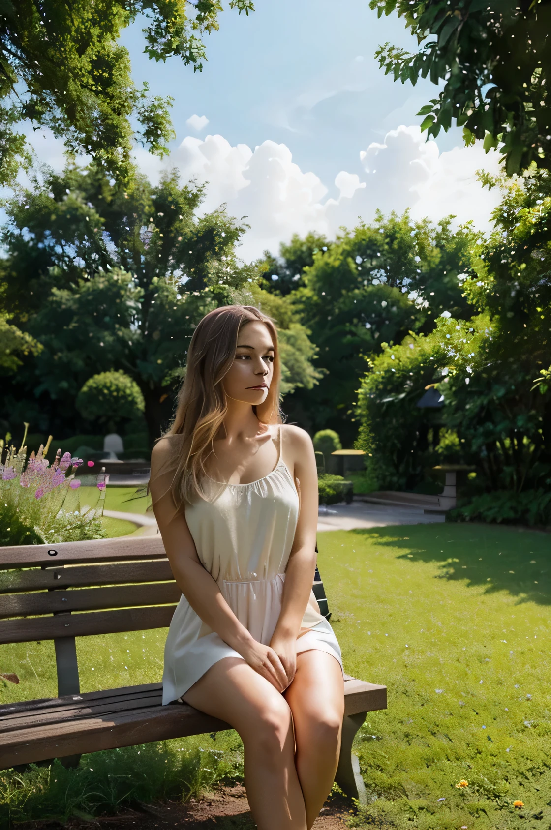 Lucie en robe assis sur un banc, large chest, The evening