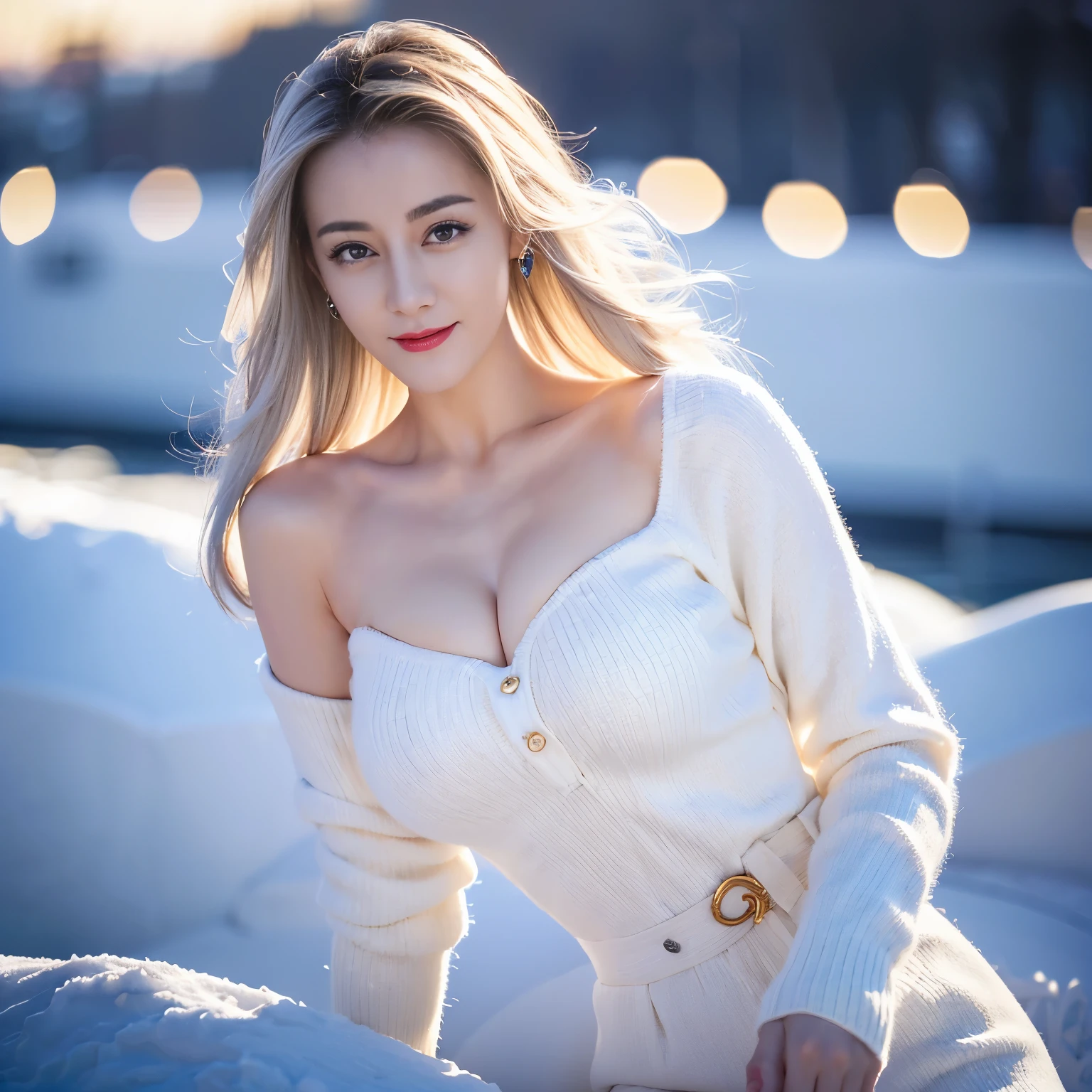 ((top quality、8k、​Masterpiece:1.3))、Extremely delicate and beautiful girl，full-body shot，huge breasts，bigger breasts，amazing breast size，G cup，Half of the breasts are exposed。Wear big earrings，Very white skin，moist red lips，Waist is very thin，Thighs are very thin，big butt，fair and smooth skin，Smooth and fair skin，flawless skin，Fair and shiny skin，cold white skin，The camera focuses on the chest，Bright light，white sweater，Lower body exposed，white hair，heavy snow，snow mountain，sunset，lake，sweet smile