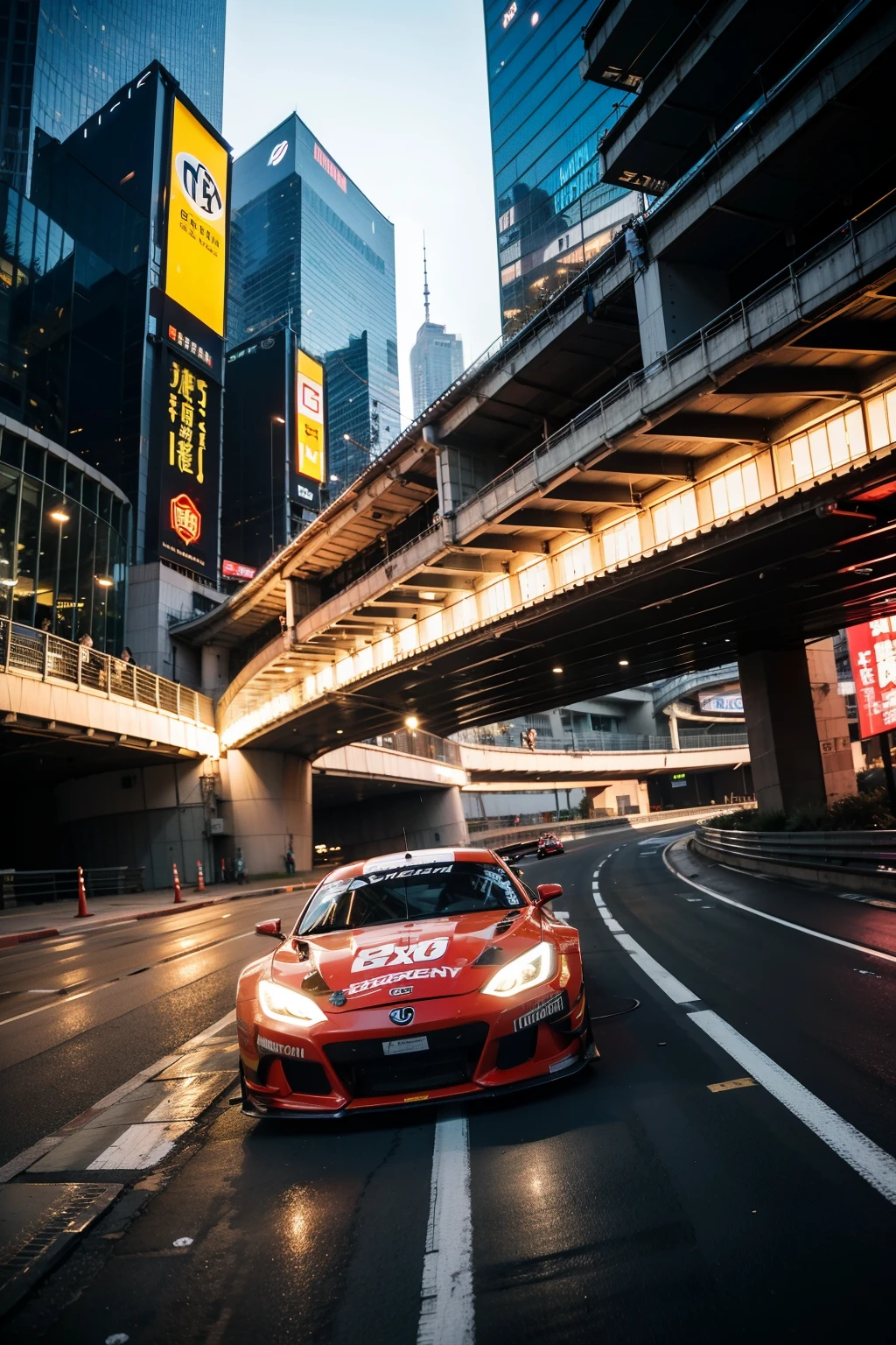 An urban competitive racing track with sci-fi neon and Chinese style elements