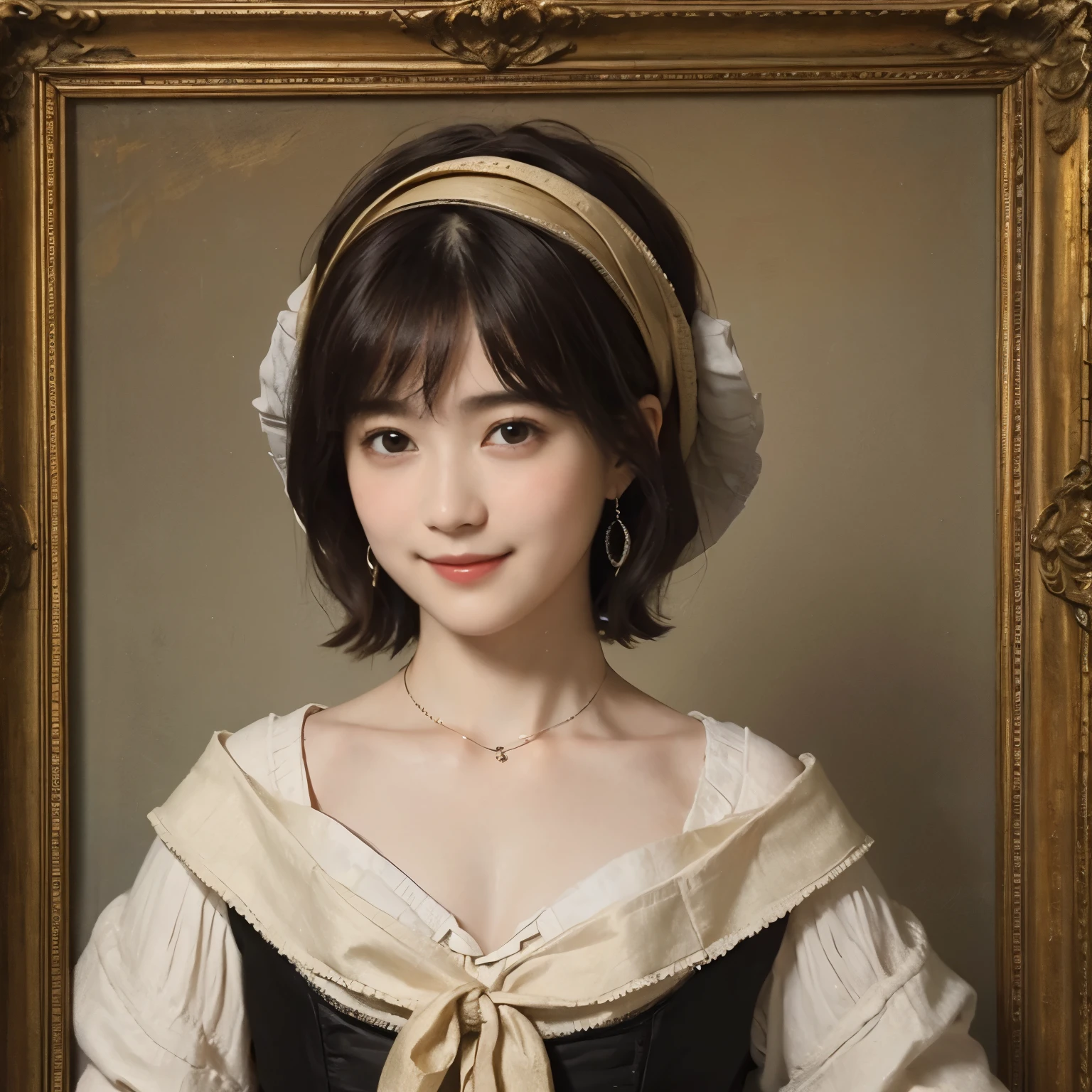 183 Short hair, 20 year old female, gentle smile, (rembrandt style painting), (chest:1.2), whole body