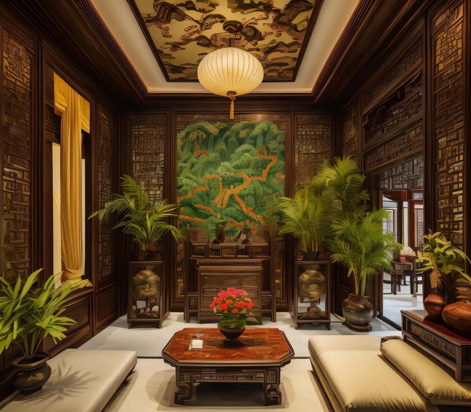 (( masterpiece)) (( ultral realistic)) (( sharp forcus)) (( high detail))Worship hall ,chinese traditional, Vietnamese Worship Hall, tradition, decorative plants , ancient, indochina style,china , vietnam, brown wooden furniture, wallpaper, patent, glossy, ceramic tiles floor,