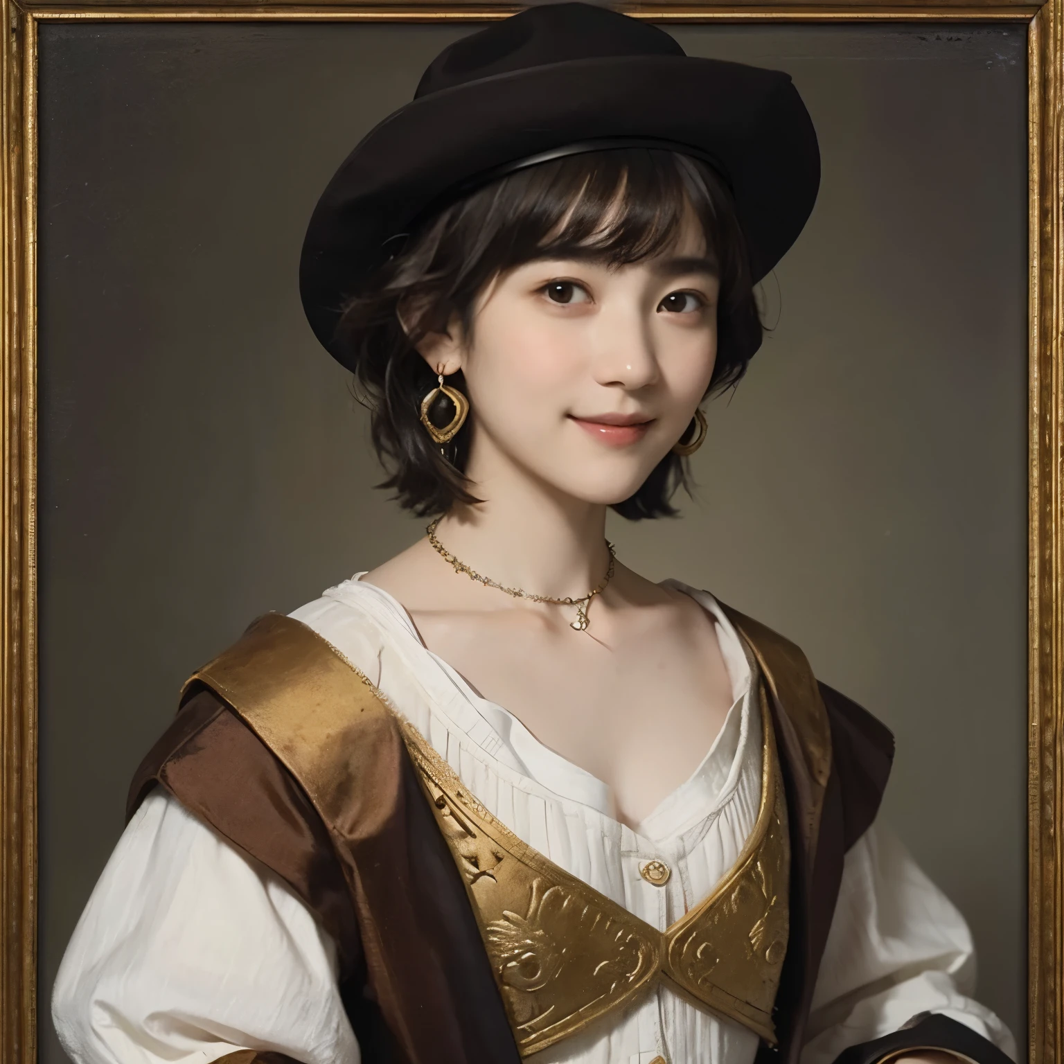 183 Short hair, 20 year old female, gentle smile, (rembrandt style painting), (chest:1.2), whole body