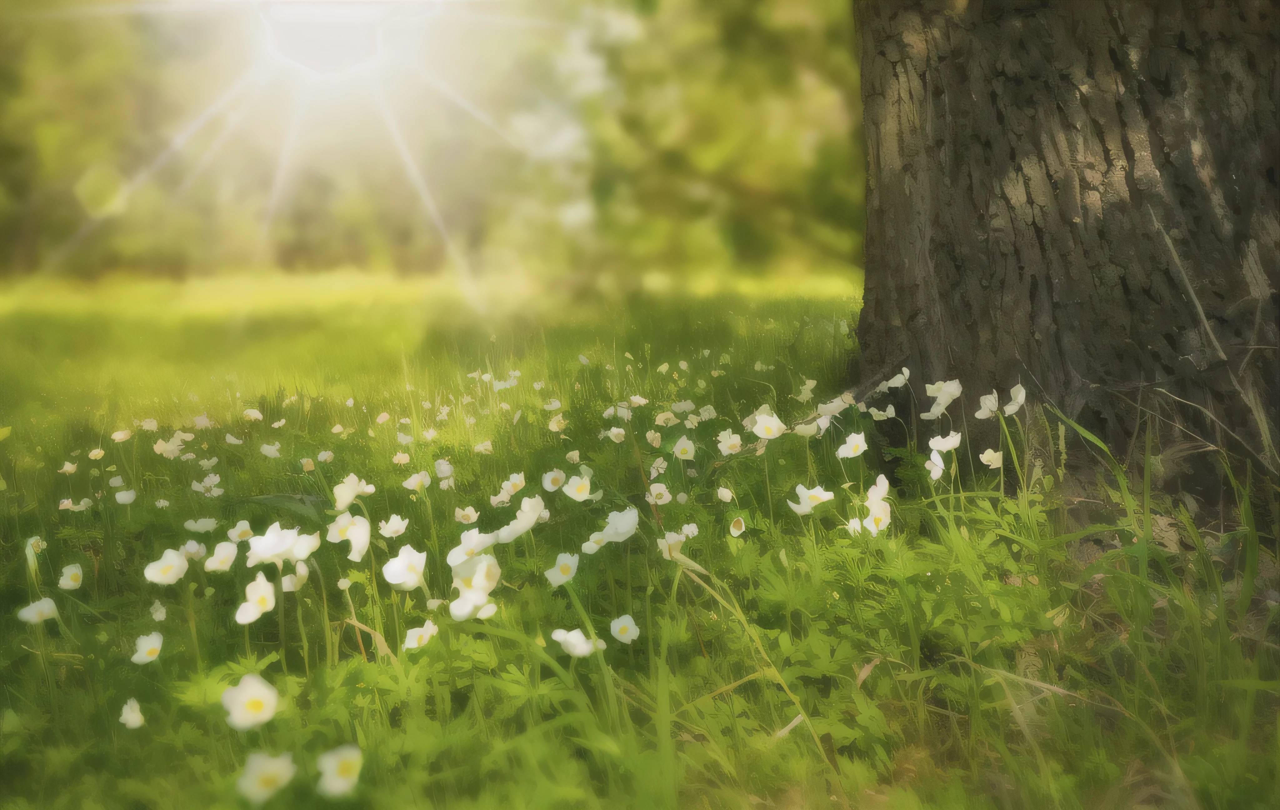 a close up of a tree with white flowers in the grass, sunny meadow, meadow with flowers, the tree is growing on a meadow, springtime morning, in a sunny day, flowers and trees, field with grass and flowers, bright sunny summer day, meadow in the forest, on a sunny day, in a forest glade, trees and flowers, sunny environment
