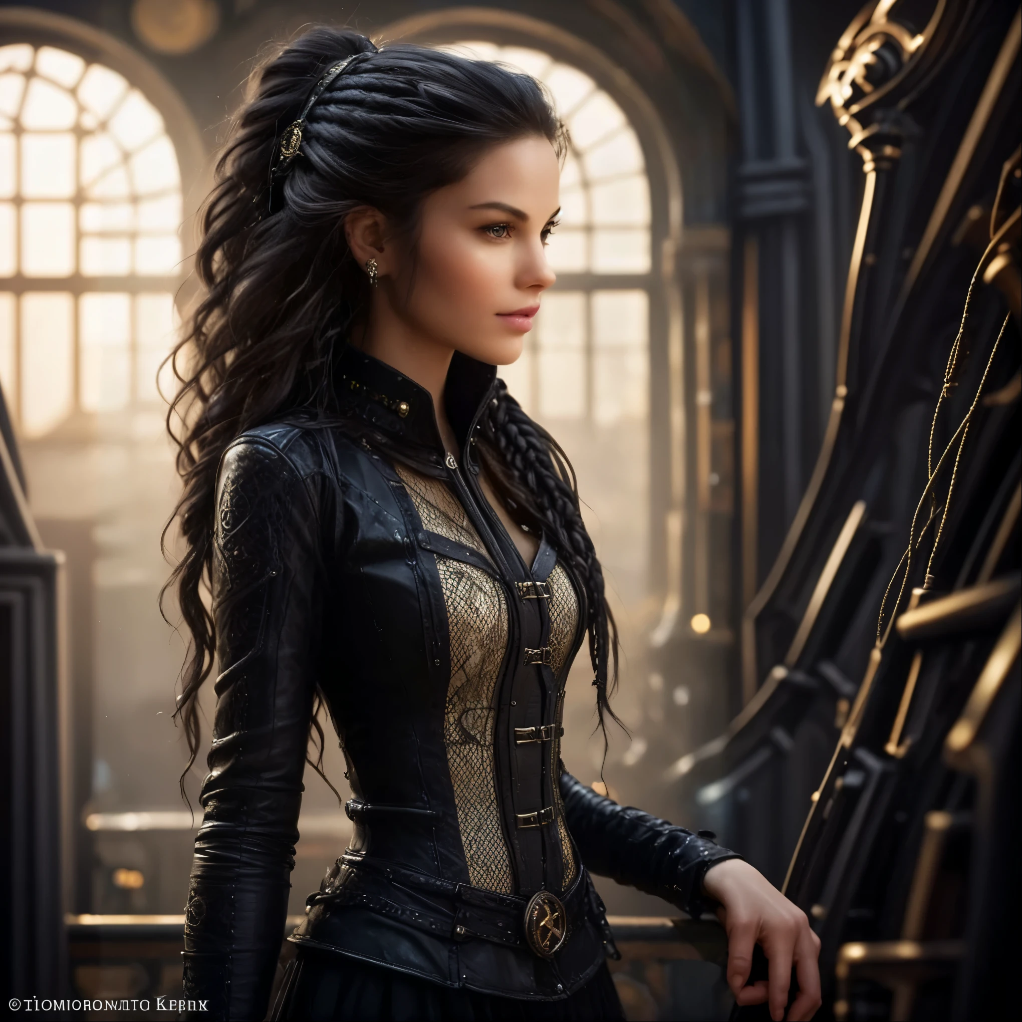 romantic gothic steampunk style, full length, fishnet stockings, slim legs, beauty, looks like Kristin Kreuk, in the dark room, next to fireplace, masterpiece, full color photo, best quality, 8k, artstation, sharp focus, ultrarealistic, high details, raw photo, long black hair, One voluminous braid. amazing body, pronounced feminine feature, (photorealistic:1.3), (highest quality:1.3), (film grain:1.3), ( world's best photography:1, professional Photo:1.3), (detailed details:1.3), (cinematic light:1.3), ( cinematic color:1.3), maximum depth of field, film photography, (intricate details:1), (hyperdetailed:1), (((SFW))) looking into the camera, gothic steampunk 1800s, long black skirt-mullet, golden hour, light in her eyes, charming face, by Adonna Khare