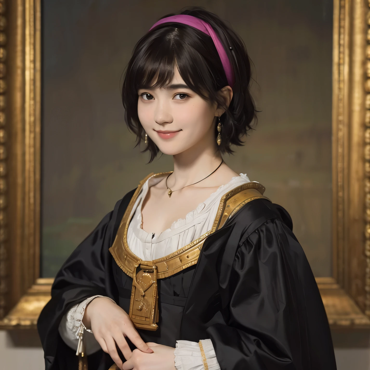 183 Short hair, 20 year old female, gentle smile, (rembrandt style painting), (chest:1.2), whole body
