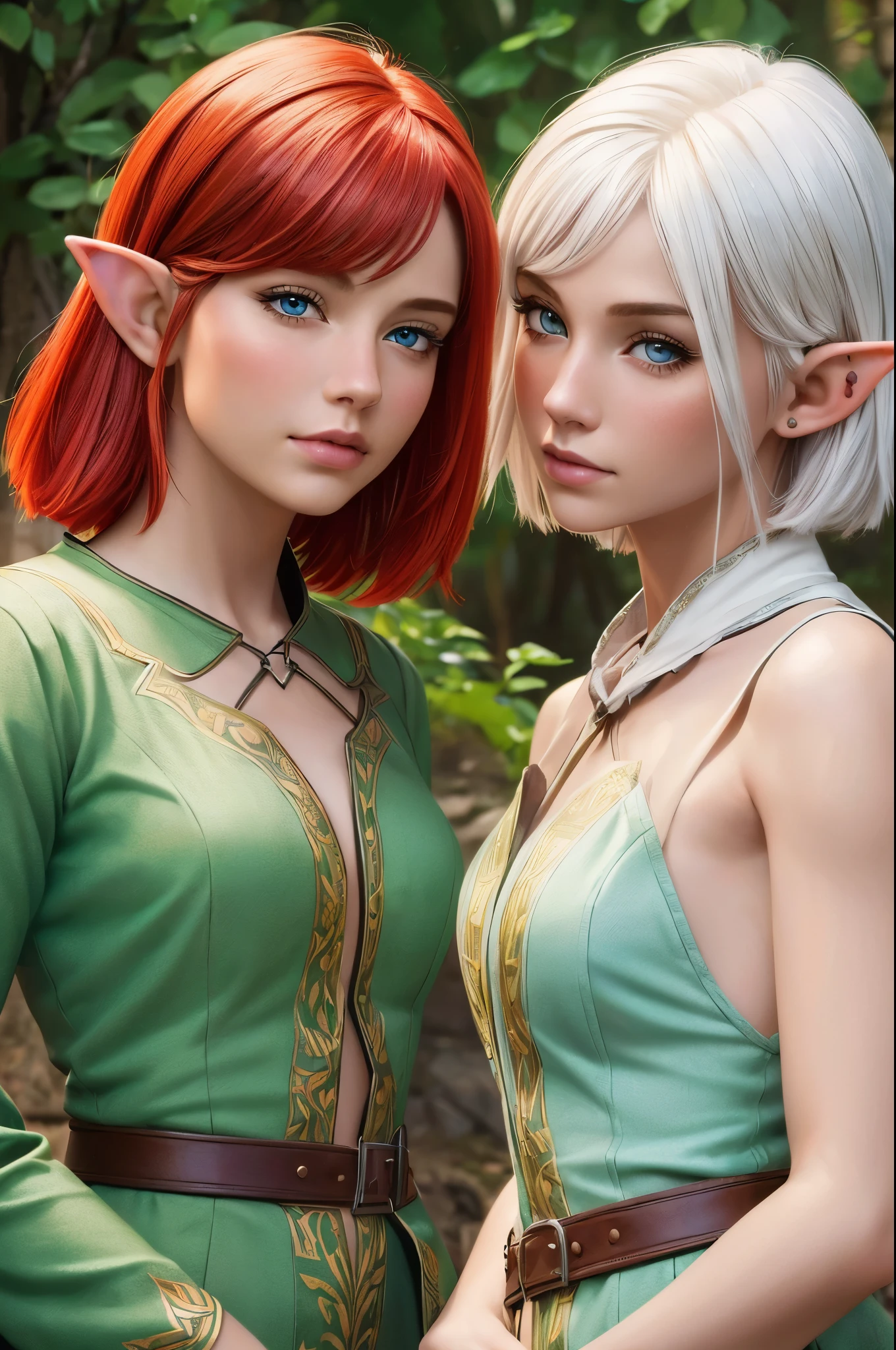 (high quality, detailed, vivid colors:1.2),(realistic,photorealistic,photo-realistic:1.37),portraits,two elf girls, elf sisters,red hair,white hair,short haircut,long haircut