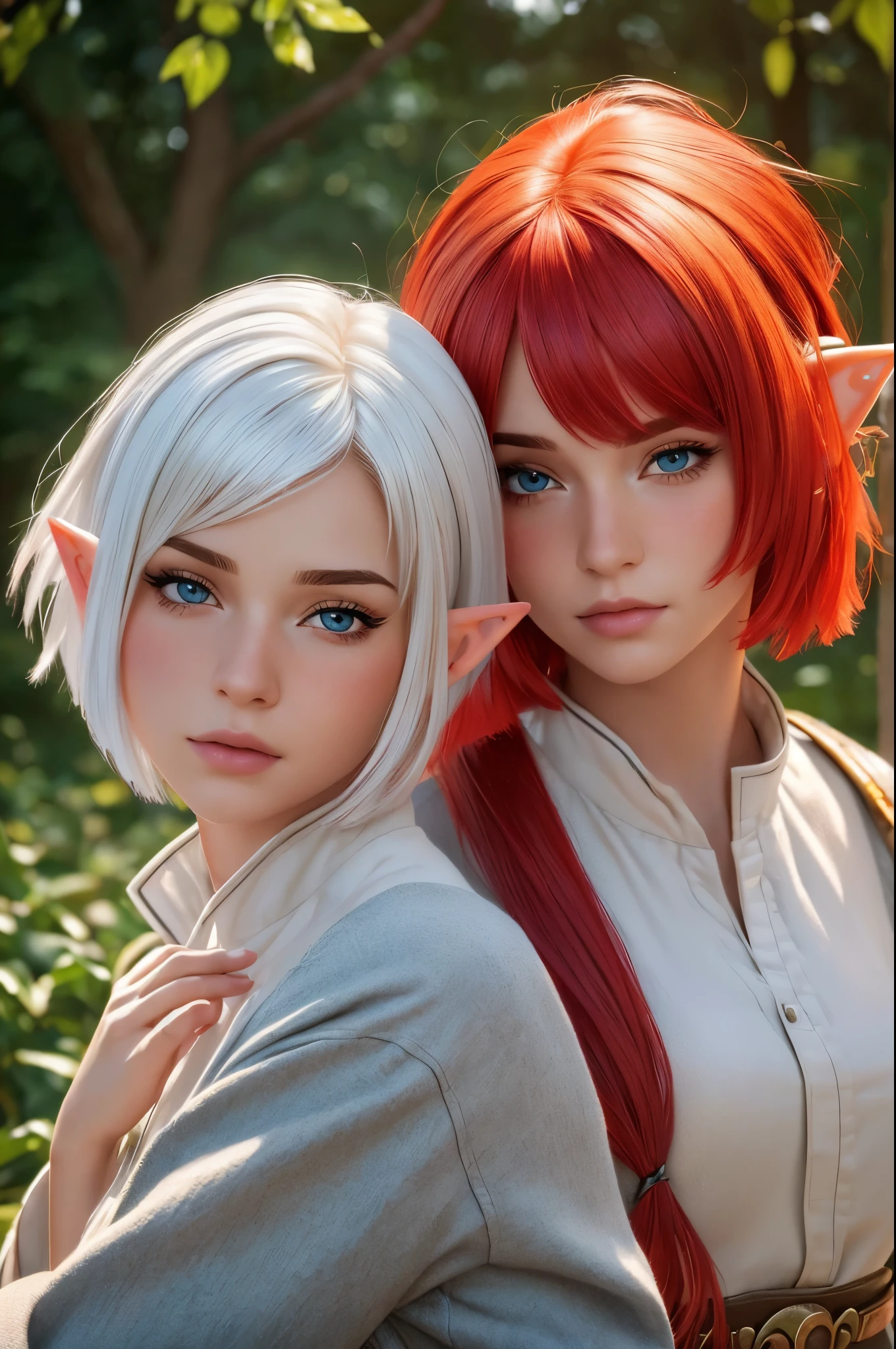 (high quality, detailed, vivid colors:1.2),(realistic,photorealistic,photo-realistic:1.37),portraits,two elf girls, elf sisters,red hair,white hair,short haircut,long haircut