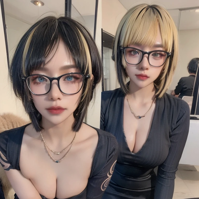 best quality, Masterpiece, height, 1 girl, Beautiful face, realistic, 8k, UHD, short hair highlights,Golden blonde hair color highlights,((Bangs)), arm tattoo, have a tattoo, มีmuscleมาก, Asia, female, white skin, glasses,กรอบglassesสีดำ,wearing formal clothing, busy city road, Walking place, (Highly detailed skin:1.2), 8k UHD, DSLR, High quality, Straightforward, photograph, high resolution, 4k, 8k, alone, ผู้femaleคนหนึ่ง, she is wearing formal clothing, ผู้femaleในชุดที่เป็นทางการ, formal clothing, muscle, toned abs, city road