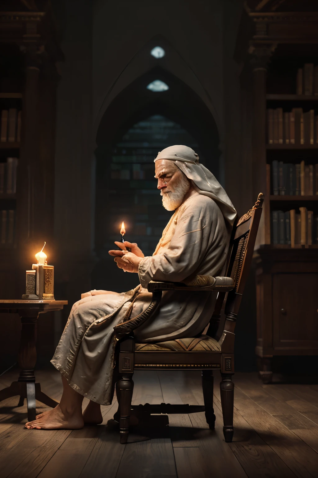 an elder man sitting on a old chair in library, wrapped on the sheet, hermit, marble statue, dark octane render, lighting from candle lamp, baroque, european, mandala, side view from bottom, anatomically correct, super detailed