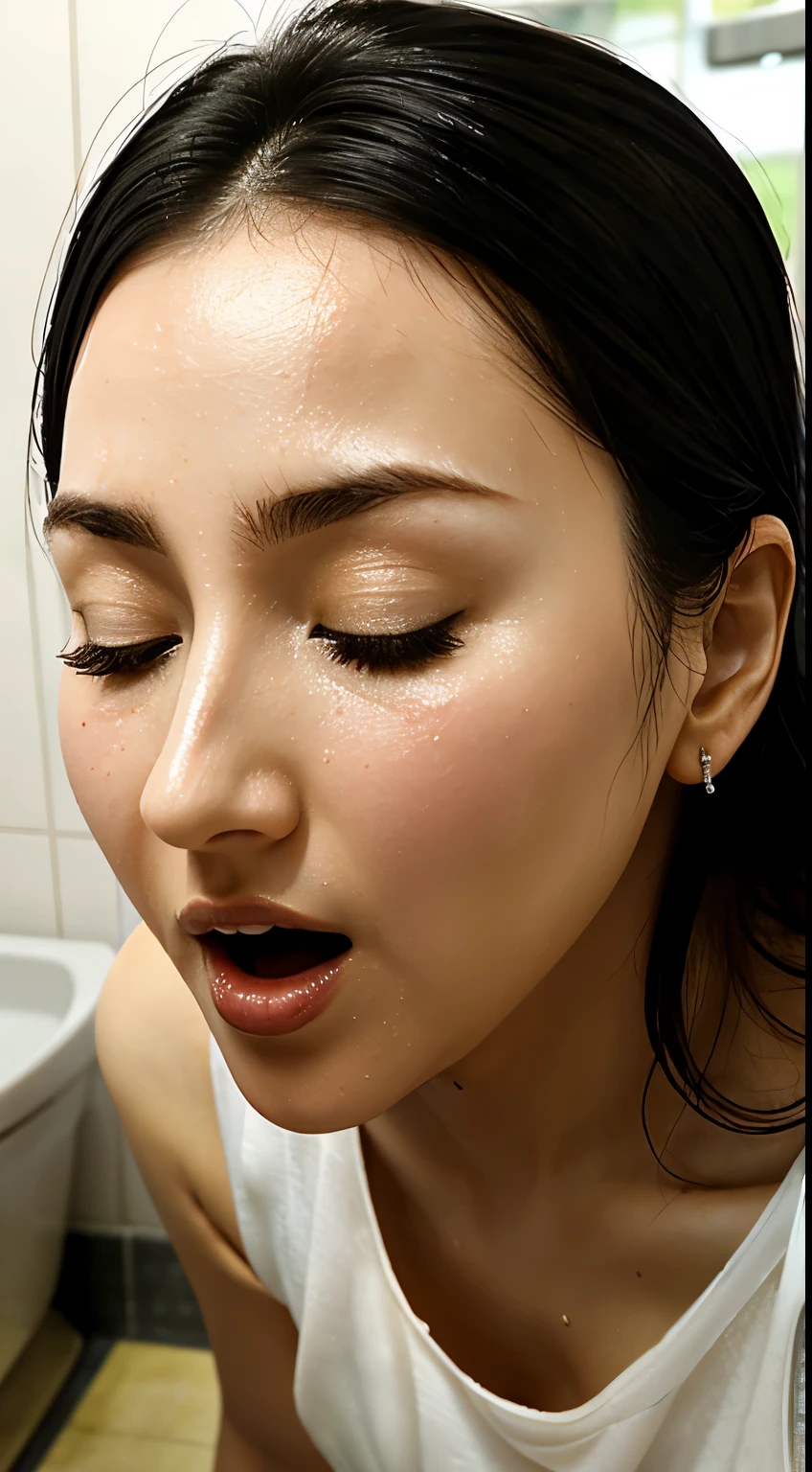 beautiful japanese actress、1 girl,debris flies,,Award-winning photo, very detailed,face focus, double big eyes(woman with open mouth and closed eyes ), 30 years old、black hair、shiny skin、(((close up of face)))、realistic nostrils、elongated nasal cavity,、inside the toilet、(On the floor of a public toilet)、squat、((white turtleneck sleeveless dress))、big breasts、(sharp nose)frown 表現:1.4,,facial expression,frown,please raise your head、Skin shiny with sweat,oily facial skin,bite your mouth,tied hair,wearing a tank top,Bring your nose closer to the camera,((open your mouth wide and try to receive something))looking at the viewer, (((wet filter))),((close your face)),(((Close-up of the nose)))