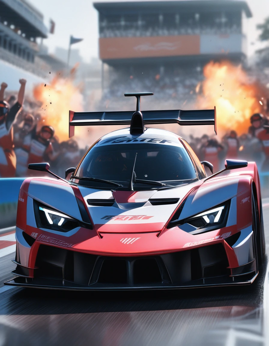 1girl, Racing Car, aesthetic, extremely detailed, masterpiece, best quality, very aesthetic, absurdres,(best quality,4k,8k,highres,masterpiece:1.2),ultra-detailed,fast-paced,racing car,vibrant colors,screeching tires,blurred motion,exciting race,adrenaline rush,dynamic composition,shiny metallic body,extreme speed,high-performance engine,detailed interior,carbon fiber chassis,wide racing tires,aerodynamic design,fierce competition,race track,spectators cheering,loud engine roars,driver in racing suit,steering wheel,checkered flag,winner's trophy,smoke from burning tires,high-speed action,thrilling overtakes,dramatic lighting,high-octane atmosphere,sparkling reflections,racing helmet and goggles,skilled drivers,breathtaking moments,fast and furious,explosive start,precision driving,slick racing livery