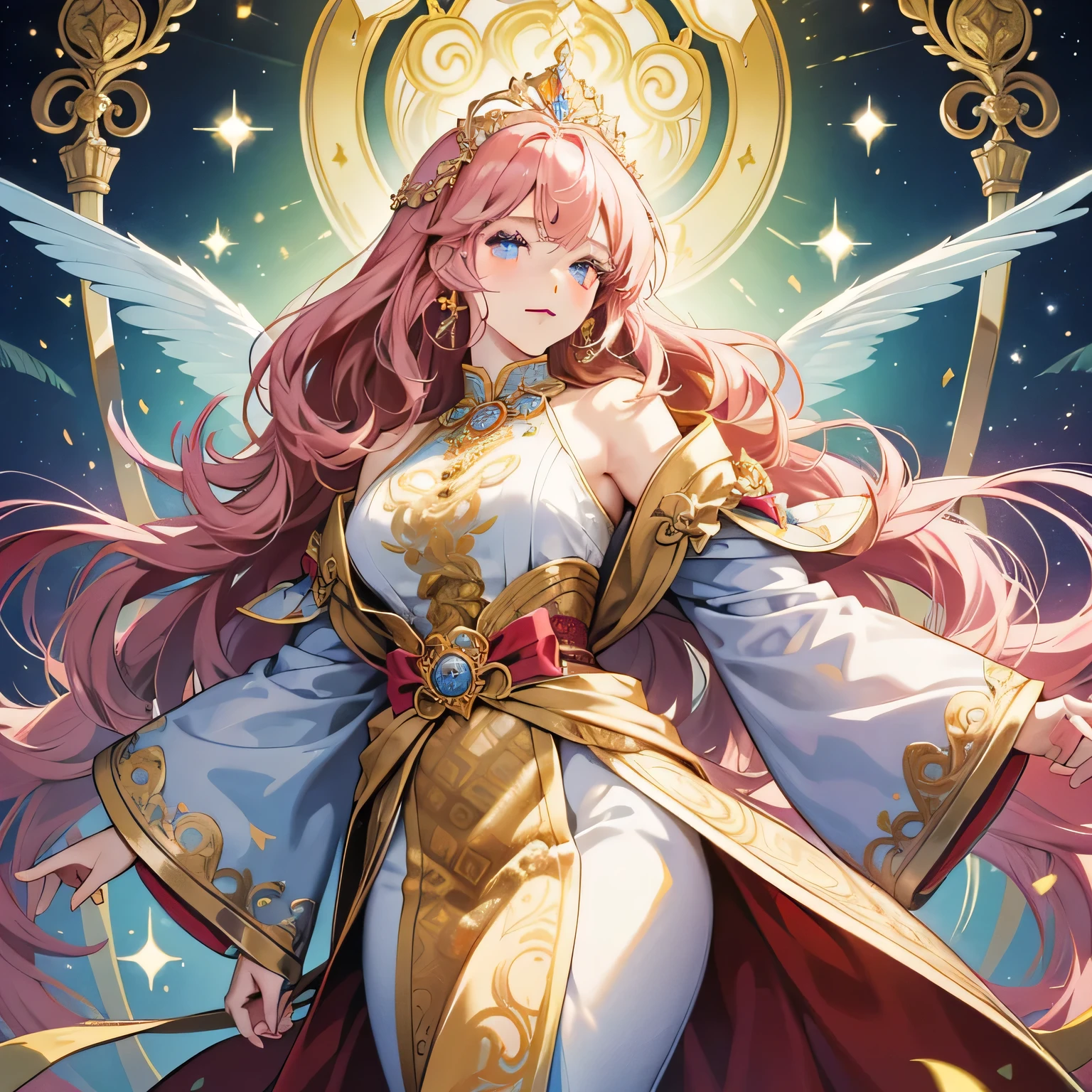 (Super detailed, Gorgeous, Well-designed), cute anime princess, wearing a crown, (sparkling jewelry, complex patterns), The flowing long hair hangs down from the back, Sparkling eyes full of wisdom and kindness, Beautiful features, radiant complexion, Strike a beautiful pose, Regal clothing, elegant posture, Conveys an elegant and noble atmosphere, (8K, best quality, bright colors) Show the complexity and detail of the scene.