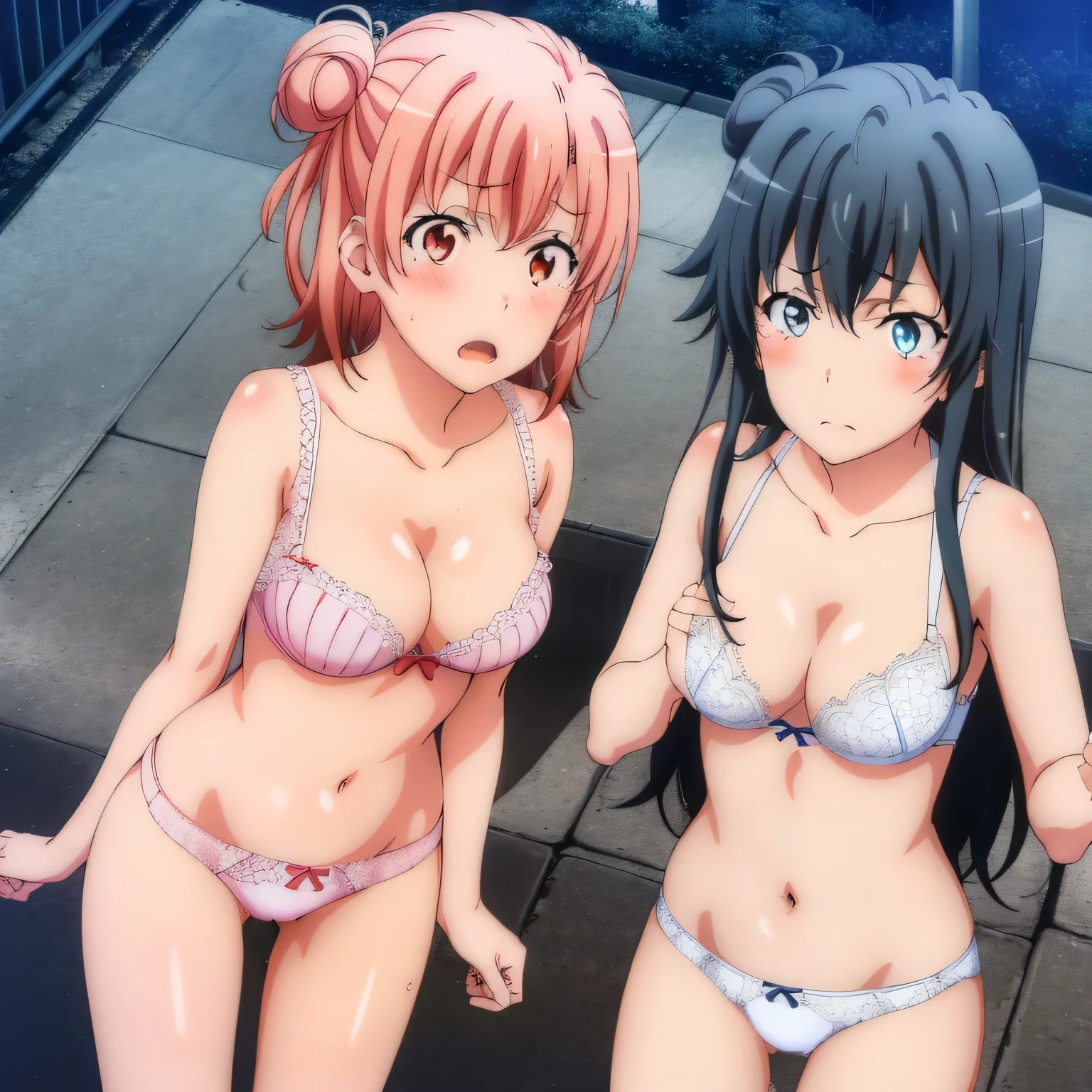 ((2 girls ), ((yuigahama yui is bust and ヒップライン are great)),((Yukinoshita Yukino)),In perverted underwear,leaning forward,in front of everyone,streaking,crowd,downtown at night,they have their hands behind their backs,body turns to honesty,(Bra with nipple bulge line),Shiny bra,belly button,,(white lace panties:1.0),(pink panties:1.0),Ribbon on panties,pussy line,(thighs),,(((high angle:1.0))),(beautiful eyes),look at the camera,blush,troubled face,Insert your head