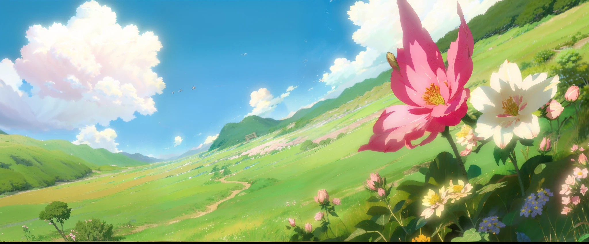 there is a painting of a pink flower in a field, anime landscape, anime countryside landscape, anime beautiful peace scene, made with anime painter studio, beautiful anime scenery, anime scenery concept art, beautiful anime scene, anime scenery, anime background art, painted in anime painter studio, guweiz and makoto shinkai, colorful anime movie background, anime movie background