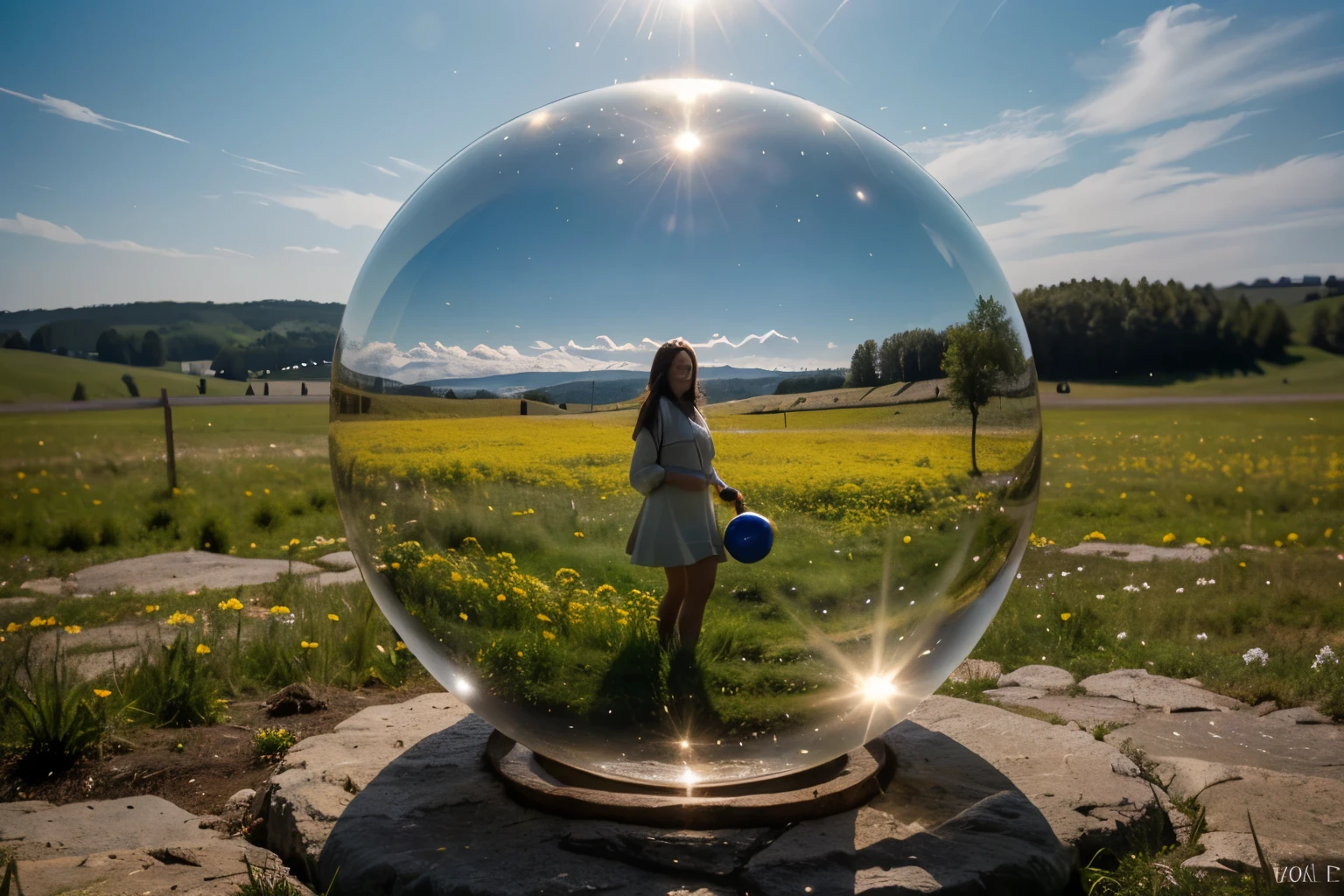 (8k RAW photo, best quality, masterpiece:1.2), (realistic, photo-realistic:1.37), Image of a crystal ball reflecting an object, woman, light, sky, meadow,
