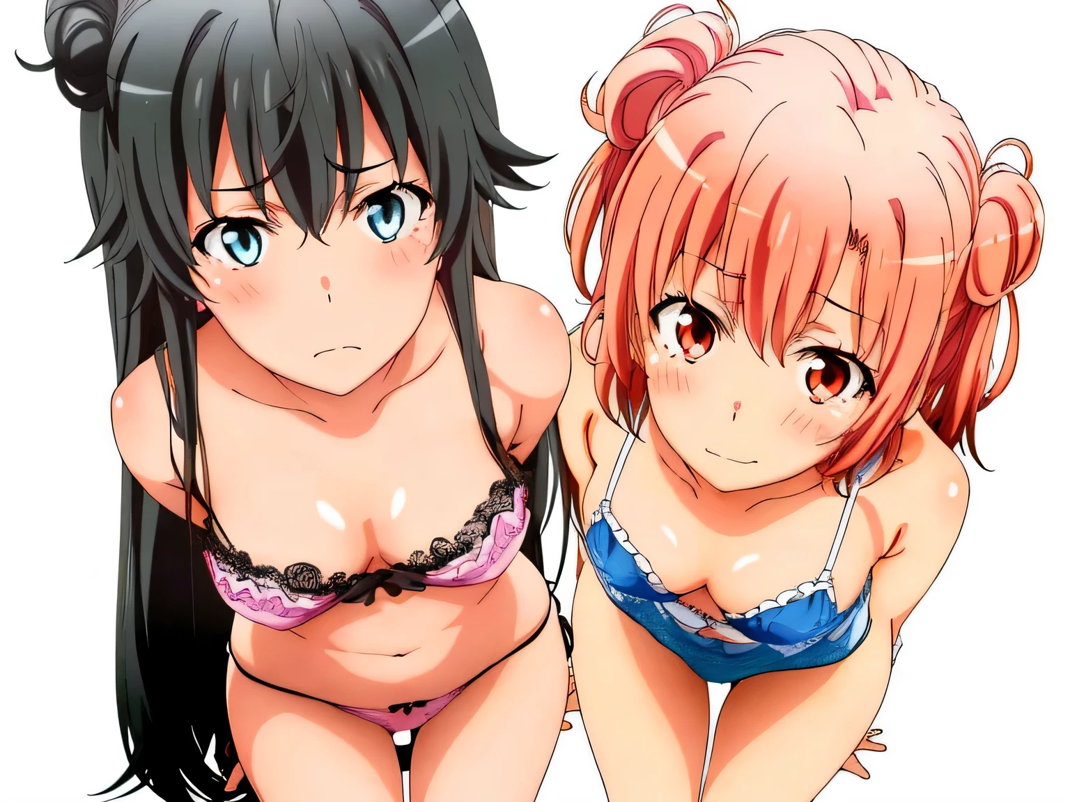 ((2 girls ), ((yuigahama yui is big bust and ヒップライン are great)),((Yukinoshita Yukino)),,In underwear,leaning forward,body facing forward,they have their hands behind their backs,(Bra with nipple bulge line),Shiny bra,belly button,,(Light pink lace panties:1.0),(light blue panties:1.0),Ribbon on panties,pussy line,(thighs),,((high angle:1.0)),(beautiful eyes),look at the camera,blush,troubled face,Insert your head