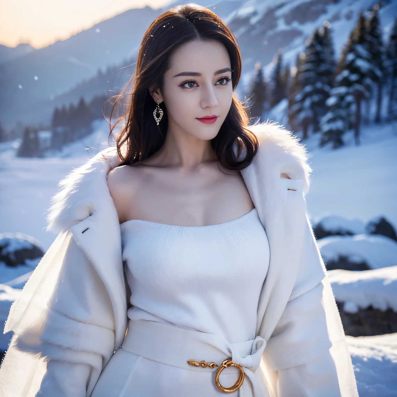 ((top quality、8k、Masterpiece:1.3))、Extremely delicate and beautiful girl,full-body shot,huge breasts,bigger breasts,amazing breast size,G cup,Half of the breasts are exposed。Wear big earrings,Very white skin,moist red lips,Waist is very thin,Thighs are very thin,big butt,fair and smooth skin,Smooth and fair skin,flawless skin,Fair and shiny skin,cold white skin,The camera focuses on the chest,Bright light,white sweater,Lower body exposed,white hair,heavy snow,snow mountain,sunset,lake,sweet smile