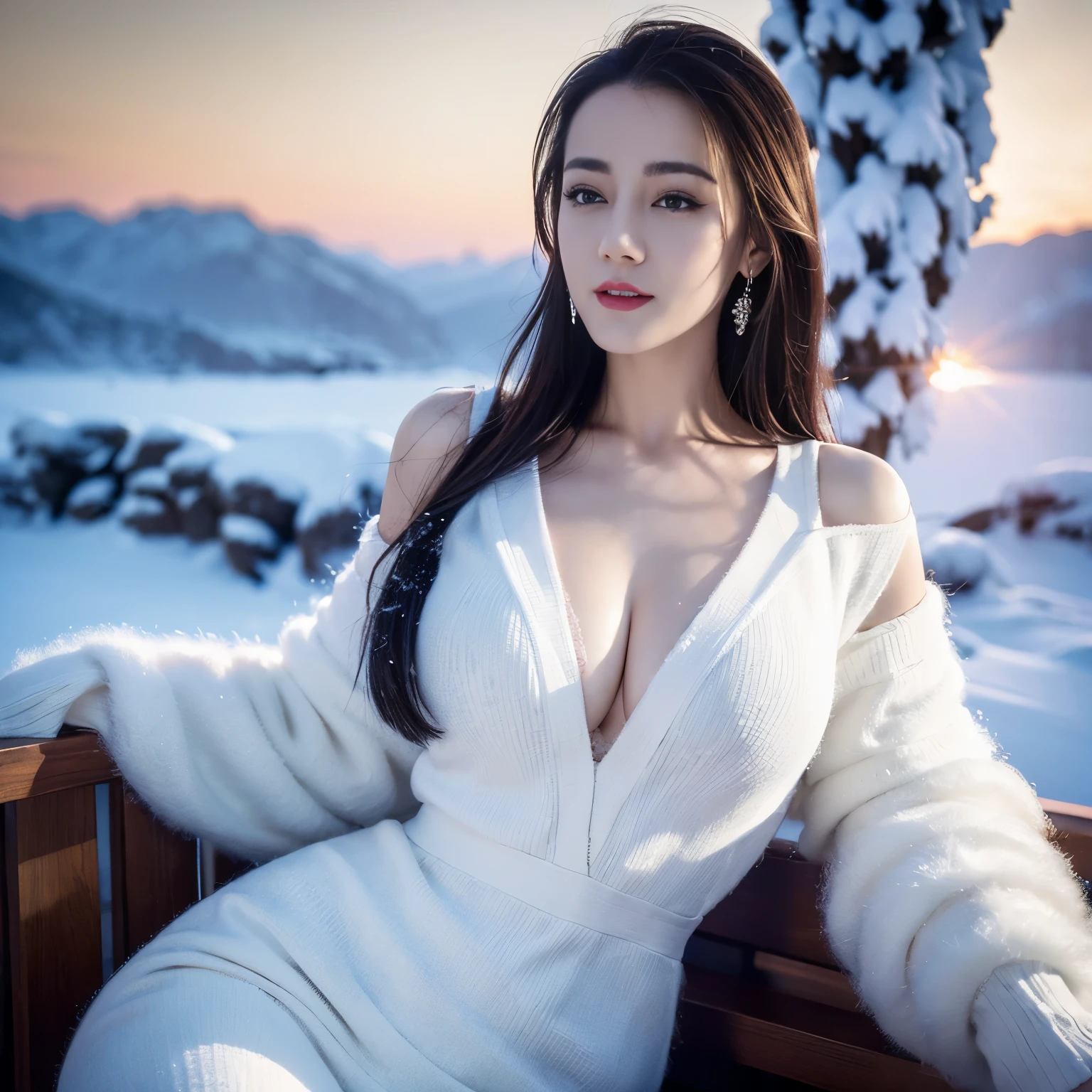 ((top quality、8k、​Masterpiece:1.3))、Extremely delicate and beautiful girl，full-body shot，huge breasts，bigger breasts，amazing breast size，G cup，Half of the breasts are exposed。Wear big earrings，Very white skin，moist red lips，Waist is very thin，Thighs are very thin，big butt，fair and smooth skin，Smooth and fair skin，flawless skin，Fair and shiny skin，cold white skin，The camera focuses on the chest，Bright light，white sweater，Lower body exposed，white hair，heavy snow，snow mountain，sunset，lake，sweet smile