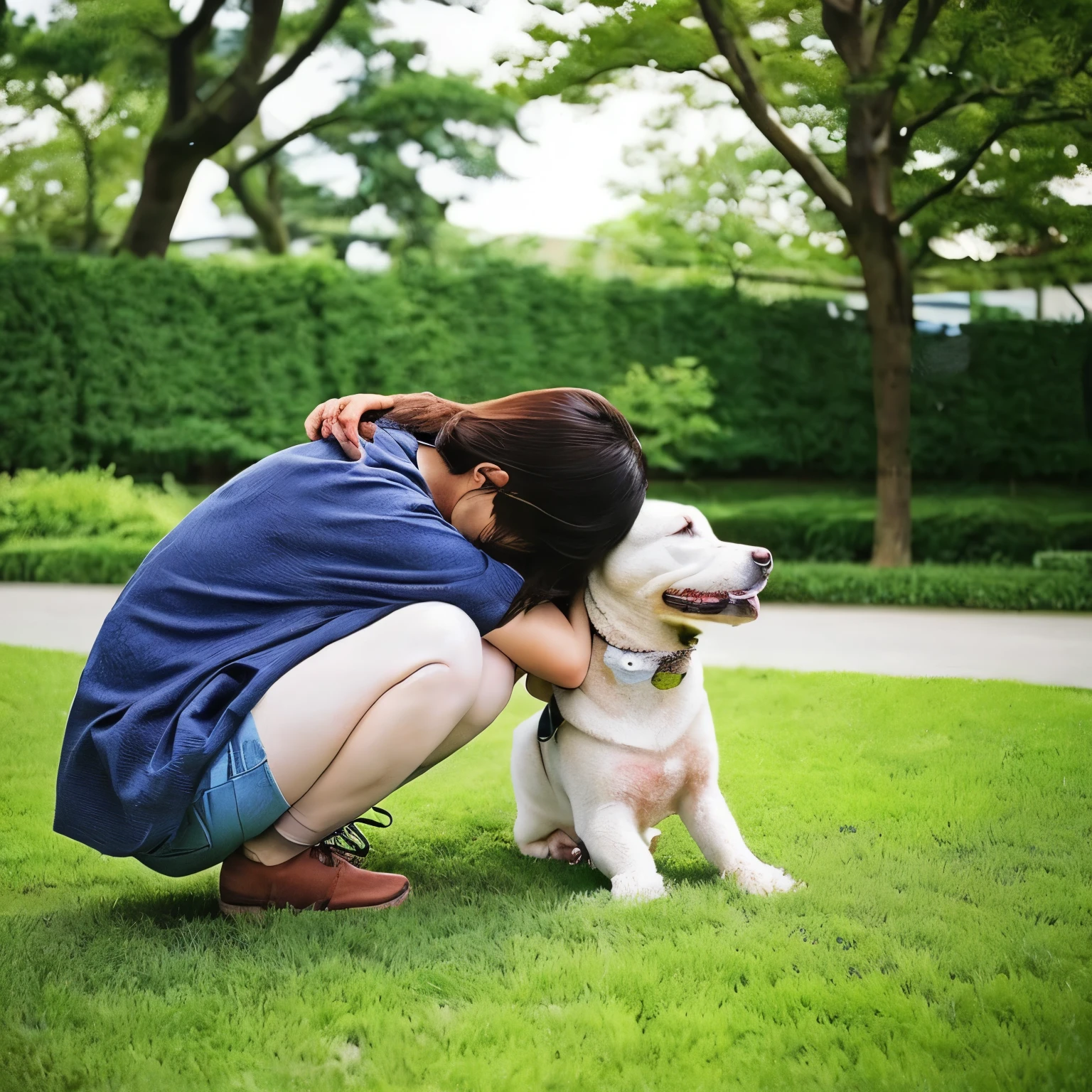 high-level image quality、20 year old woman playing with golden retriever puppy in pasture、