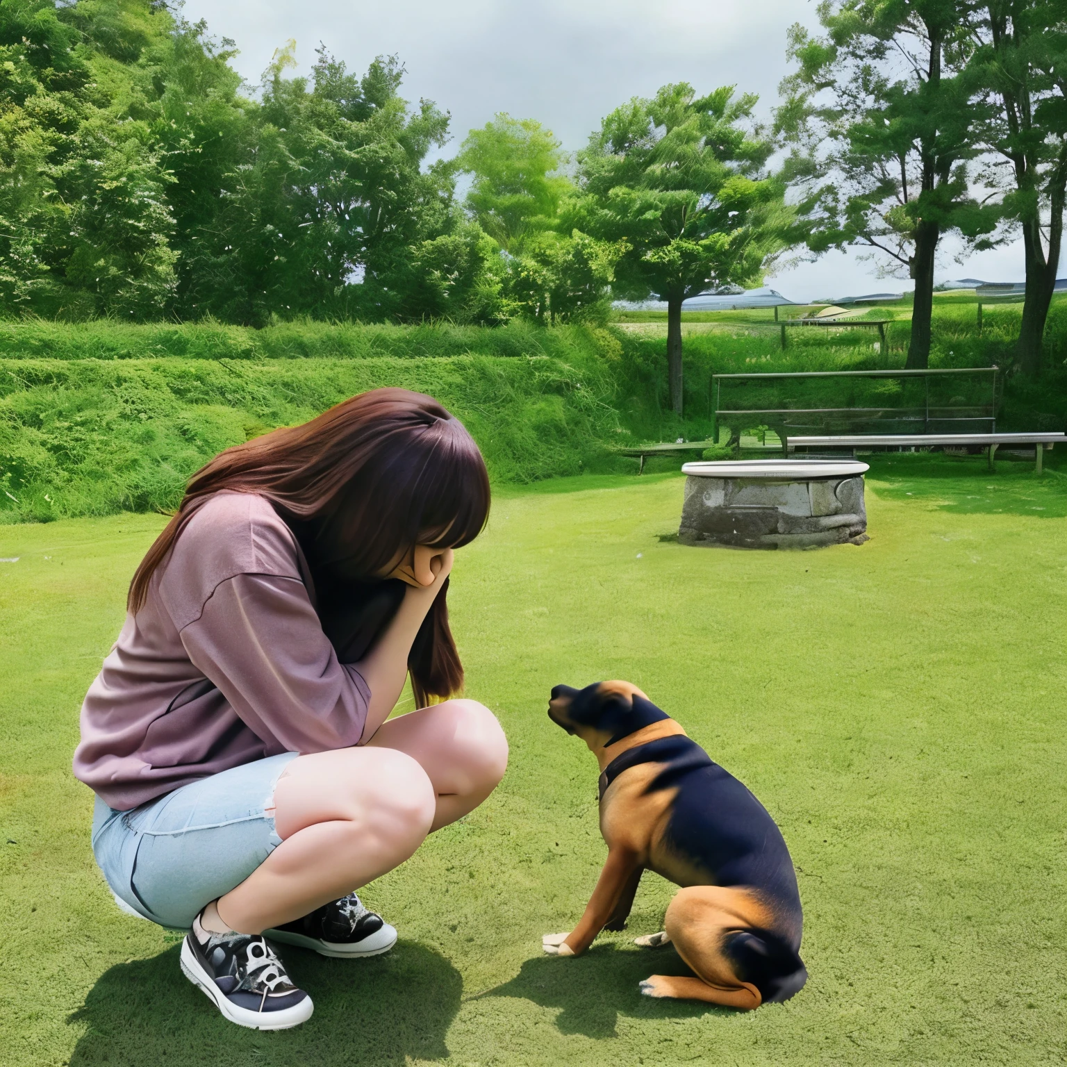 A person crouching down and hugging a dog、dog sitting on the left side of a person、Happy landscape