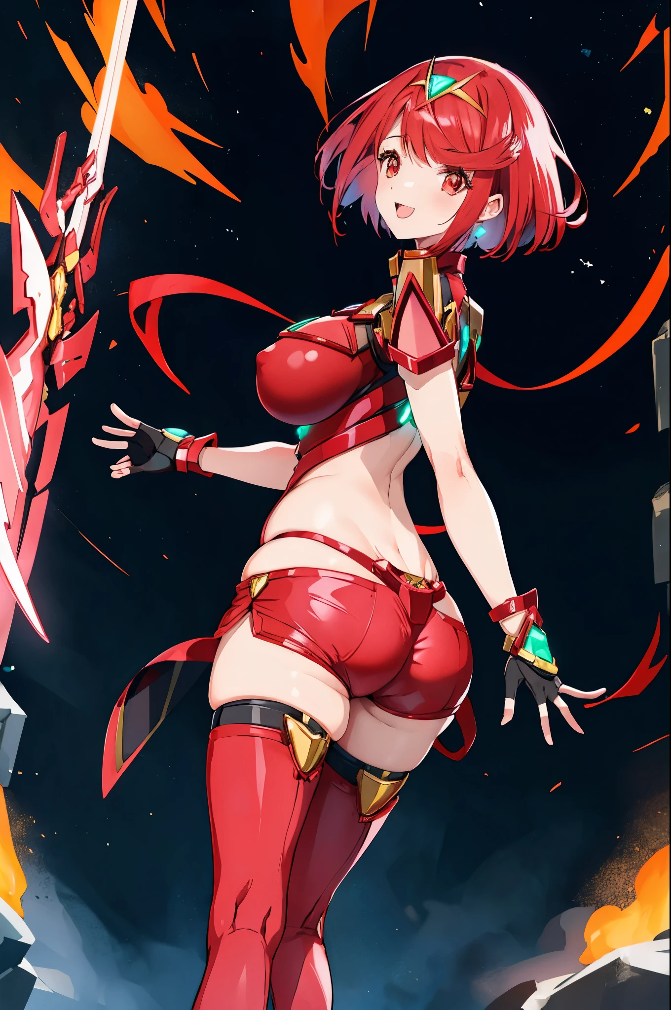 pyra \(xenoblade\), _1girl, armor, bangs, black gloves, breasts, red eyes, closed mouth, earrings, eyelashes, fingerless gloves, floating hair, framed breasts, gem, gloves, hair ornament, headpiece, jewelry, big_breasts, leaning back, leotard, neon trim, official art, pose, red hair, red shorts, saitou masatsugu, short hair, short shorts, short sleeves, shorts, sidelocks, skin tight, solo, standing, swept bangs, thighhighs, tiara, night_prairie_background, turtleneck, underbust, vambraces, xenoblade chronicles \(series\), (xenoblade chronicles 2), apart_legs, fire_effect,dynamic_pose_fighting,light_smile, (plump:1.1), big_ass,huge_sword, hold_large_sword_hilt, solo, covered_nipples, covered_pussy,open_mouth,back_view,