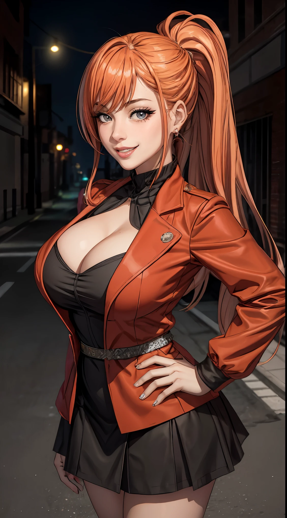 (ultra 8k cg, picture-perfect face, perfect face, beautiful face, masterpiece, high quality, best quality, flawless, clean, professional artwork, famous artwork), gyaru, 1girl, solo, arisugawa natusha, 1girl, solo, standing, bangs, long hair, high ponytail, orange hair, looking at viewer, red jacket, black dress, hands on waist, cleavage, grin, smirk, extremely thick lips, extremely long eyelashes, (huge breasts), covered nipples