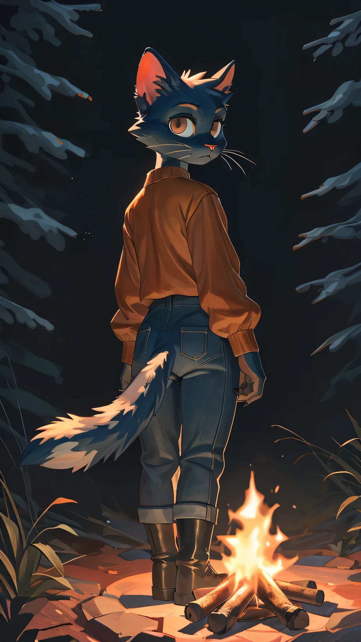 [mae borowski], [Night in the Woods], [Uploaded to e621.net; (Pixelsketcher), (wamudraws)], ((masterpiece)), ((HD)), ((best quality)), ((solo portrait)), ((back view)), ((furry; anthro)), ((detailed fur)), ((detailed soft shading)), ((beautiful render art)), {anthro; (slim figure), black fur, pink nose, cute brown eyes, whiskers, (gorgeous wide hips), (beautiful feet), (black claws), (expressionless)}, {(orange long sleeve shirt), (long red sleeves), small , (tight grey jeans), (black boots)}, {(standing), (arms at sides), (looking over shoulder), (looking at viewer)}, [background; (woods), (nighttime), (campfire), (ambient lighting)]