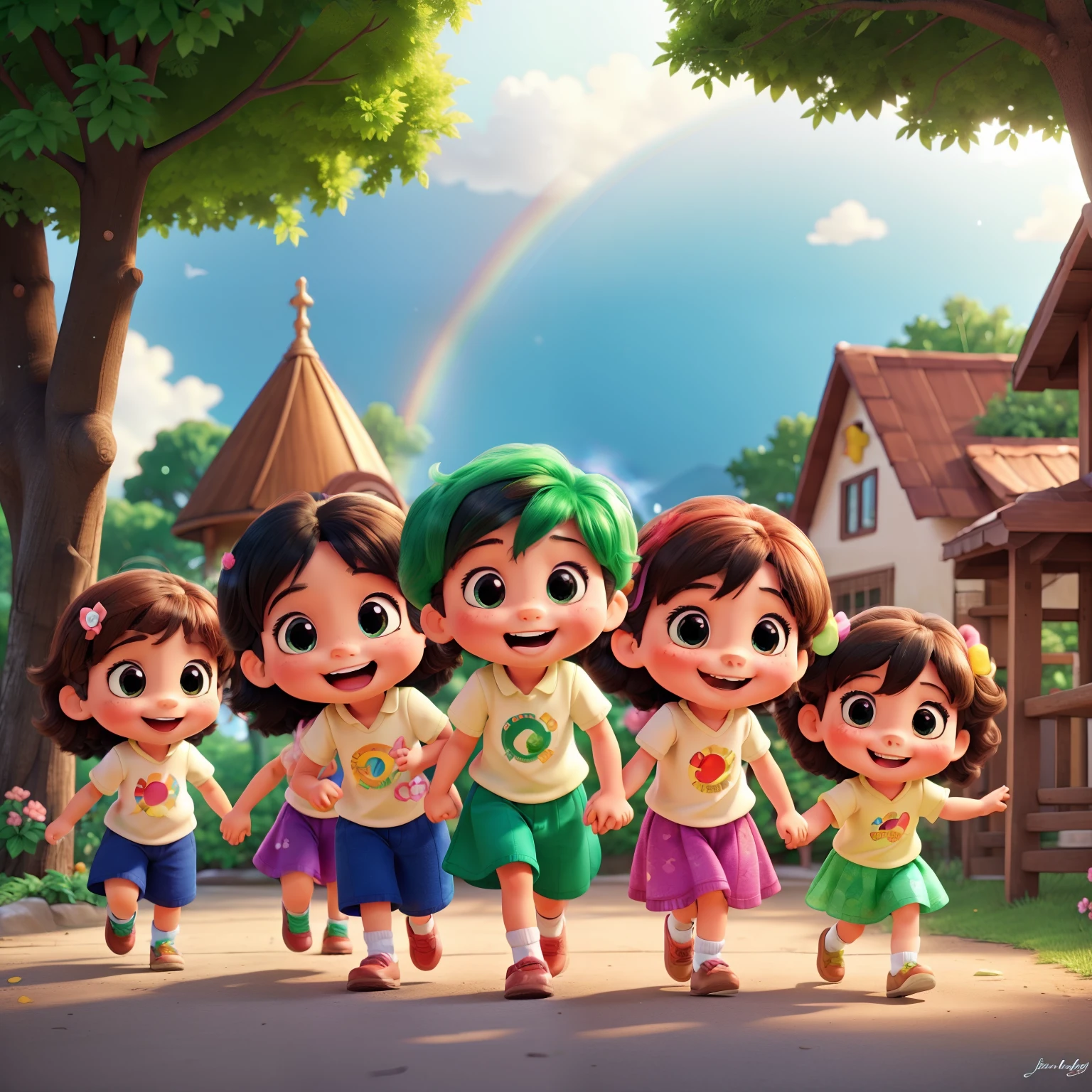 In a vibrant and colorful setting, a delightful group of cartoon kids are seeyfully playing over a beautiful rainbow. Their cheerful faces are filled with excitement and wonder as they explore the magical world around them. With their sparkling eyes and rosy cheeks, these charming little children touch of warmth and happiness to every scene. Dressed in their best outfits, they laugh and play together, creating memories that will last a lifetime. The lush greenery and radiant rainbow add to the enchanting atmosphere of this charming picture.