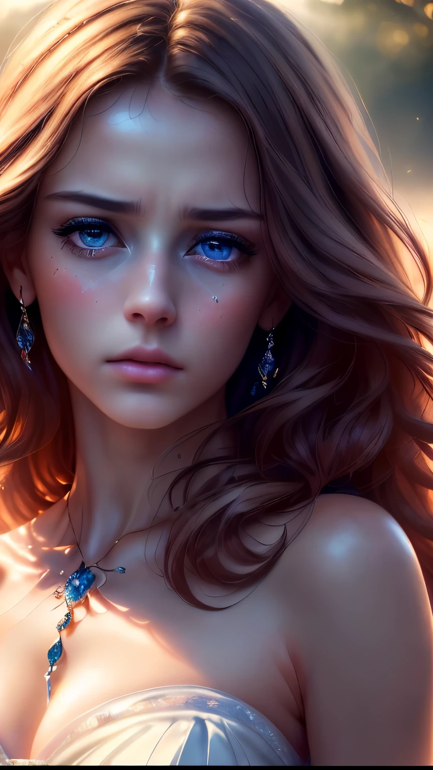 (best quality,4k,8k,highres,masterpiece:1.2),ultra-detailed,(realistic,photorealistic,photo-realistic:1.37),portrait,emotional,teary-eyed,white long dress,slim figure,sad expression,close-up face,beautiful detailed eyes,long eyelashes,detailed lips,tears running down her face,soft lighting,vivid colors.