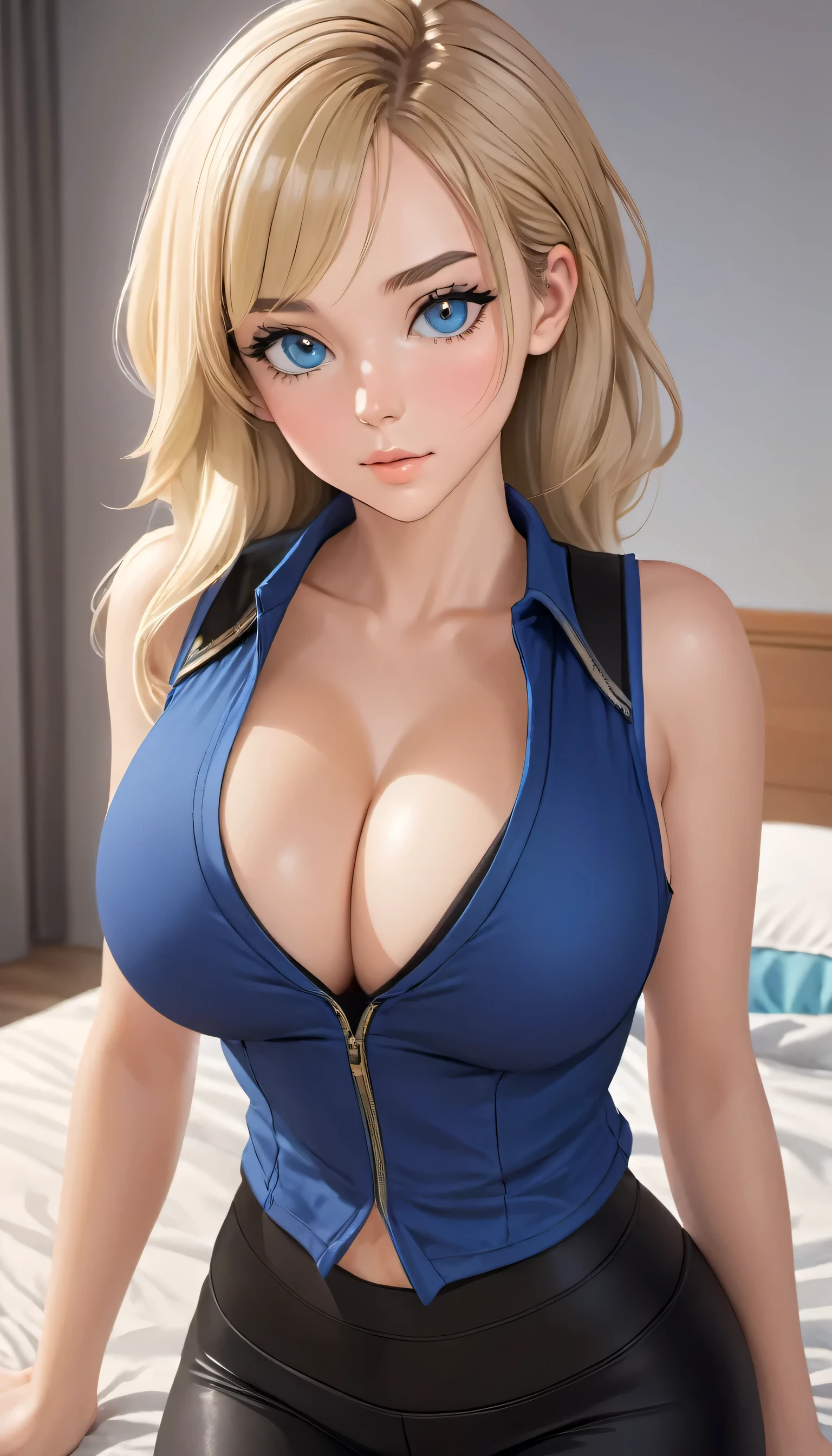 1girl, solo, looking at viewer, makeup, mid day, (realistic:1.2), (realism), (masterpiece:1.2), (best quality), (ultra detailed), (8k, 4k, intricate),(full-body-shot:1), (85mm), lighting, (highly detailed:1.2),(detailed face:1.2), (gradients), sfw, colorful,(detailed eyes:1.2)(detailed background),detailed, (dynamic angle:1.2), (dynamic pose:1.2), (rule of third_composition:1.3), (Line of action:1.2). Beautiful woman, large cleavage, tight black leggings, baggy blue vest, side boob, side on view, full body view, bedroom background, blond hair