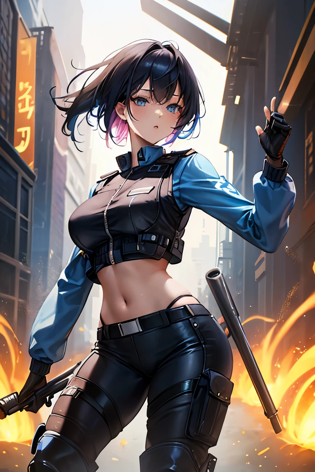 female police, super thigh police suit, original character, masterpieces, 16k resolution,vibrant colors, dramatic lighting, police vest, long sport pant, panties, fliped-up clothes