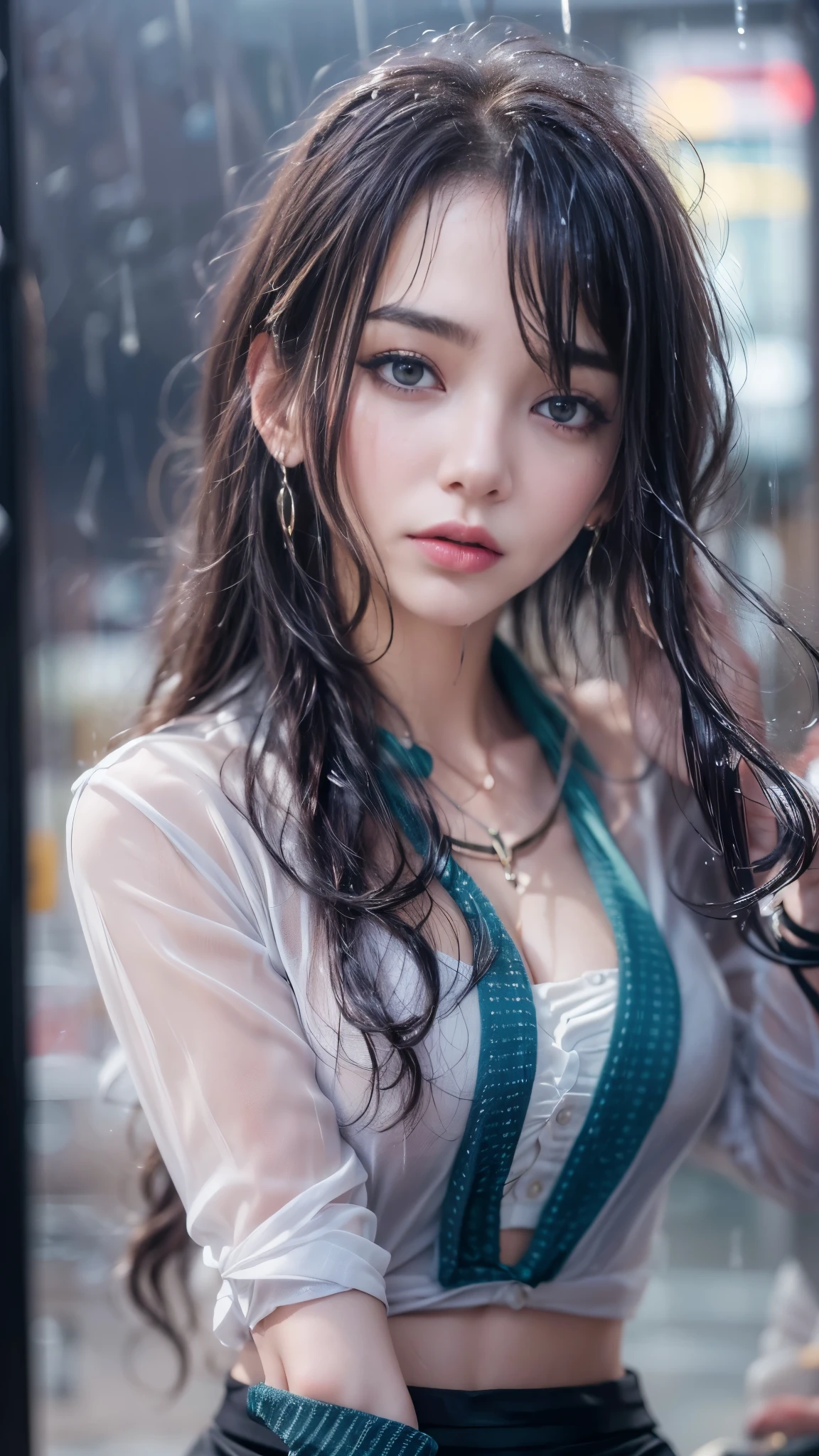 (RAW shooting, Photoreal:1.5, 8K, highest quality, masterpiece, ultra high resolution), perfect dynamic composition:1.2, Night street corner of a modern city, expression of sadness:0.3, (((Typhoon heavy rain))), Highly detailed skin and facial textures:1.2, Slim office lady wet in the rain:1.3, Fair skin, sexy beauty:1.1, perfect style:1.2, beautiful and aesthetic:1.1, very beautiful face, water droplets on the skin, (rain drips all over my body:1.2, wet body:1.2, wet hair:1.3), (wet office skirt:1.2, wet office lady uniform:1.3), belt, (Medium chest, Bra see-through, Chest gap), (cry, lovelorn, The expression on your face when you feel intense caress, Facial expression when feeling pleasure), (beautiful blue eyes, Eyes that feel beautiful eros:0.8), (Too erotic:0.9, Bewitching:0.9), cowboy shot, Shoulder bag, necklace, earrings, bracelet, clock