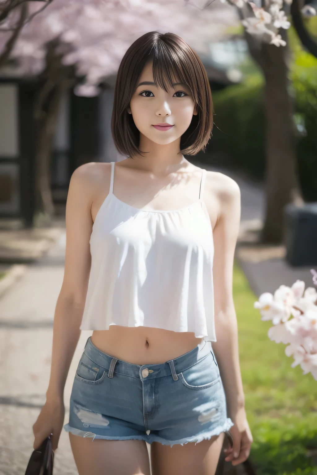 highest quality,masterpiece,32k,sharp focus,150mm,F1.4,professional lighting,cinematic lighting,Natural light all over the body,slim and smooth lines,japanese girl,25 year old girl,Are standing,cherry blossoms,short hair,long hair,Tank top,shorts,Hilarious,