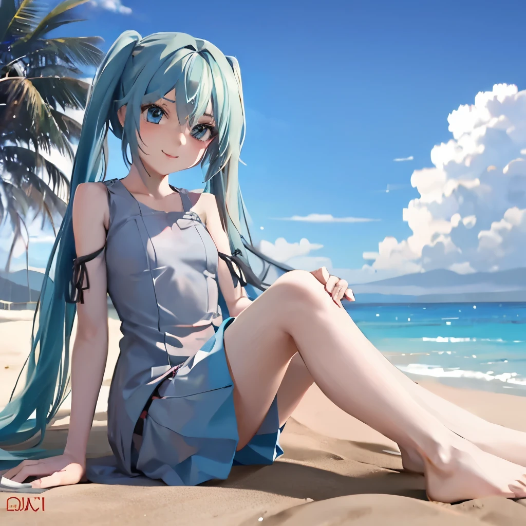 Hazme un dibujo de hatunse Miku, en una playa,sonriendo,jugando con la arena,while sitting in the sand,8k, calidad superior,cara perfecta,cuerpo de mujer,ropa de plaua,fondo de playa,ultra hd,estilo anime,hermoso cuerpo.